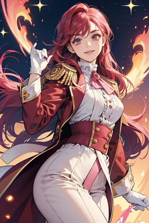 Raspberry Cookie is an average-height Cookie with orange-pink, medium-dark SKIN. She has long crimson hair with light pink swirls. There is a swooping bang with a gradient of a burgundy to crimson. Two strands of hair are pulled back and tied back by a burgundy rosette hair tie with blue ribbons. She has burgundy eyes with white eyelashes and displays a confident smile.

Raspberry Cookie wears a dark wine dressage tailcoat with pink lining. A pastel blue band wraps around the waist. There are gold details that outline the hem of the coat and as a curly pattern on the sleeve cuffs. At the back of the ruffled tails are light pink emblems. She dons ruby-colored epaulettes with golden fringes, white gloves, and fashions a white, puffy cravat. She has white pants and short golden diamond-shaped boots. GLITTER
