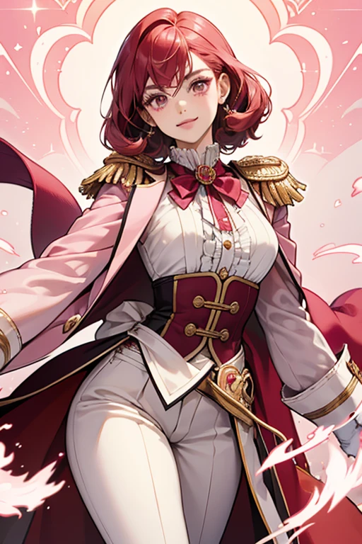 Raspberry Cookie is an average-height Cookie with orange-pink, medium-dark SKIN. She has long crimson hair with light pink swirls. There is a swooping bang with a gradient of a burgundy to crimson. Two strands of hair are pulled back and tied back by a burgundy rosette hair tie with blue ribbons. She has burgundy eyes with white eyelashes and displays a confident smile.

Raspberry Cookie wears a dark wine dressage tailcoat with pink lining. A pastel blue band wraps around the waist. There are gold details that outline the hem of the coat and as a curly pattern on the sleeve cuffs. At the back of the ruffled tails are light pink emblems. She dons ruby-colored epaulettes with golden fringes, white gloves, and fashions a white, puffy cravat. She has white pants and short golden diamond-shaped boots. GLITTER, JELLY
