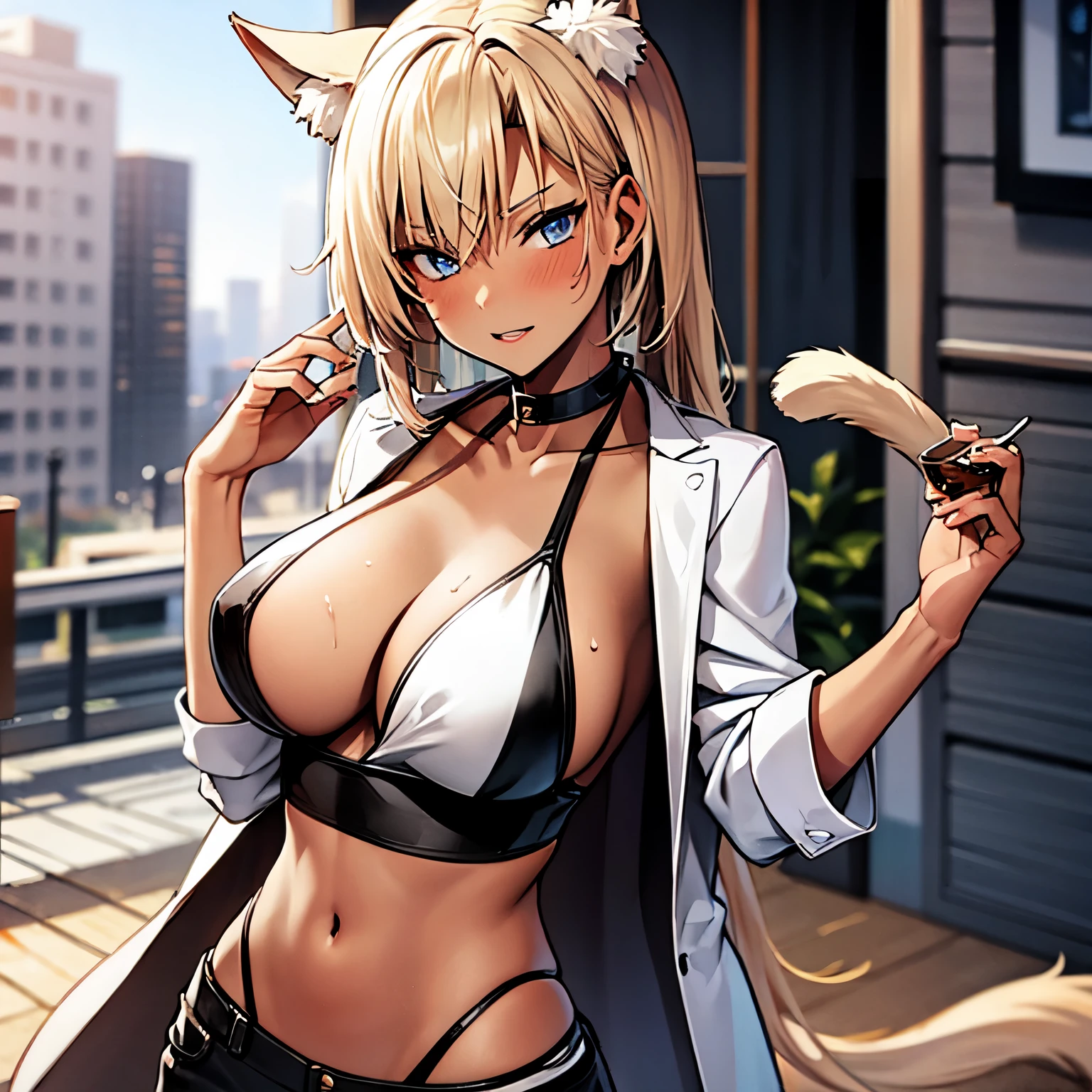 girl, (blonde), (tanned), with cat ears and tail, casual clothes, tied up hair, in a city, big tits 