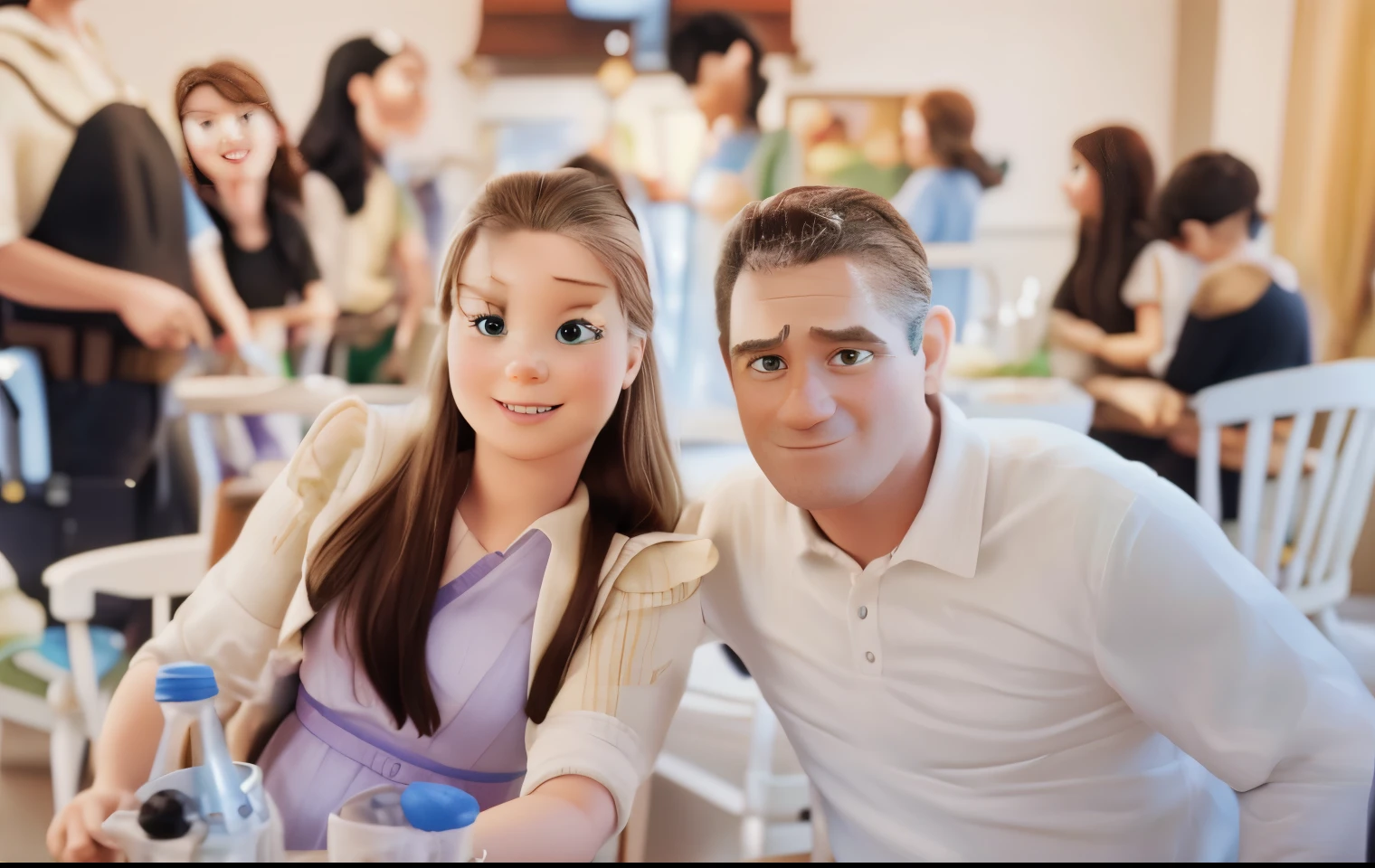Disney Pixar characters showing a white-skinned family. The father is the tallest. The mother has brown eyes green and hair brown , na altura dos ombros. The girl is and has brown hair with hearts, roupa rosa. 3D-rendering