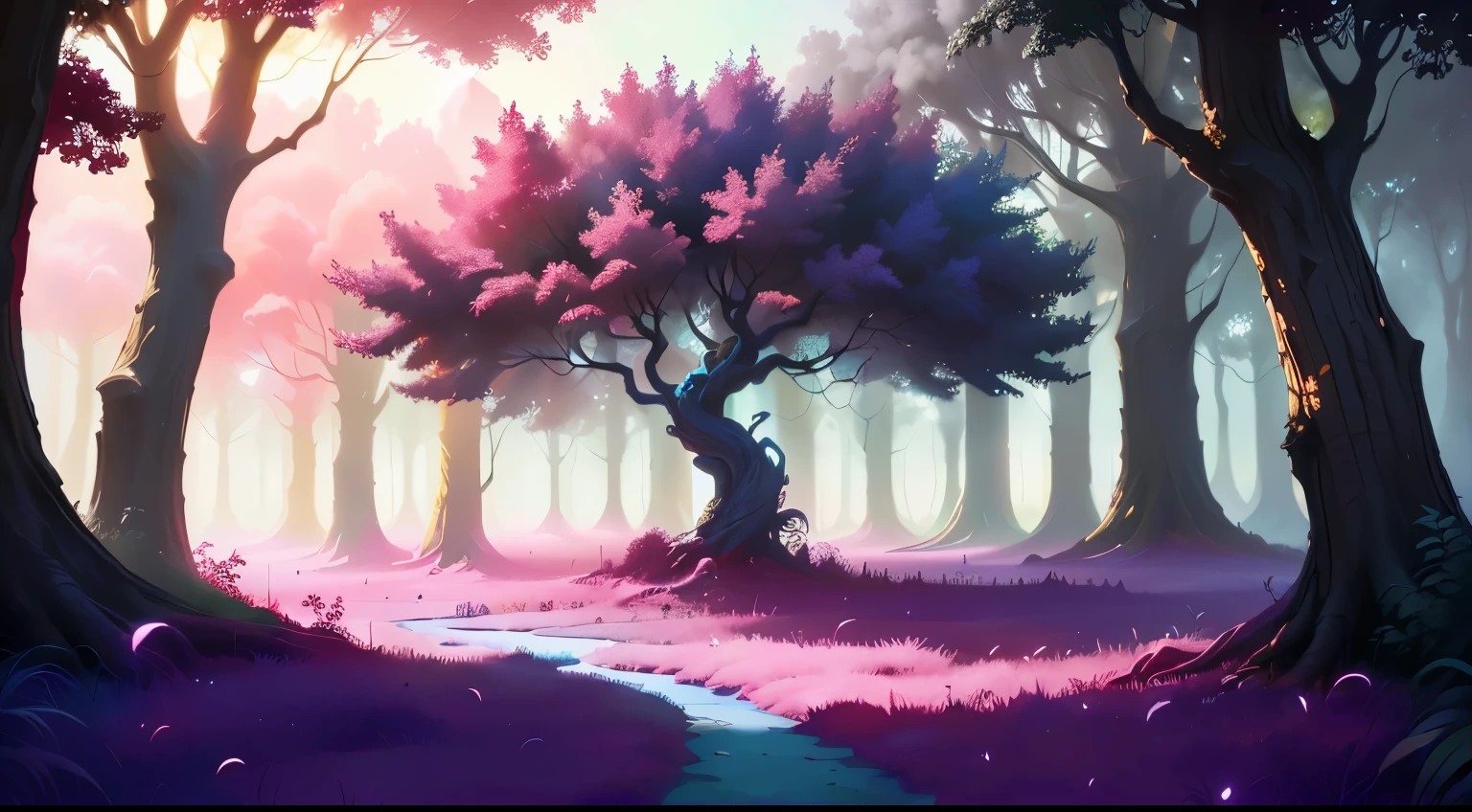 There is a painting of a path through a forest with trees, arte de fundowork, pouco detalhado. pintura digital, Arte digital de fantasia 2D, arte de fundo, beautiful pintura digital, 4k pintura digital, Arte detalhada de alta qualidade 8k, detailed Arte digital de fantasia 2D, 4 k pintura digital, pintura digital concept art, fantasy pintura digital, very detailed pintura digital
