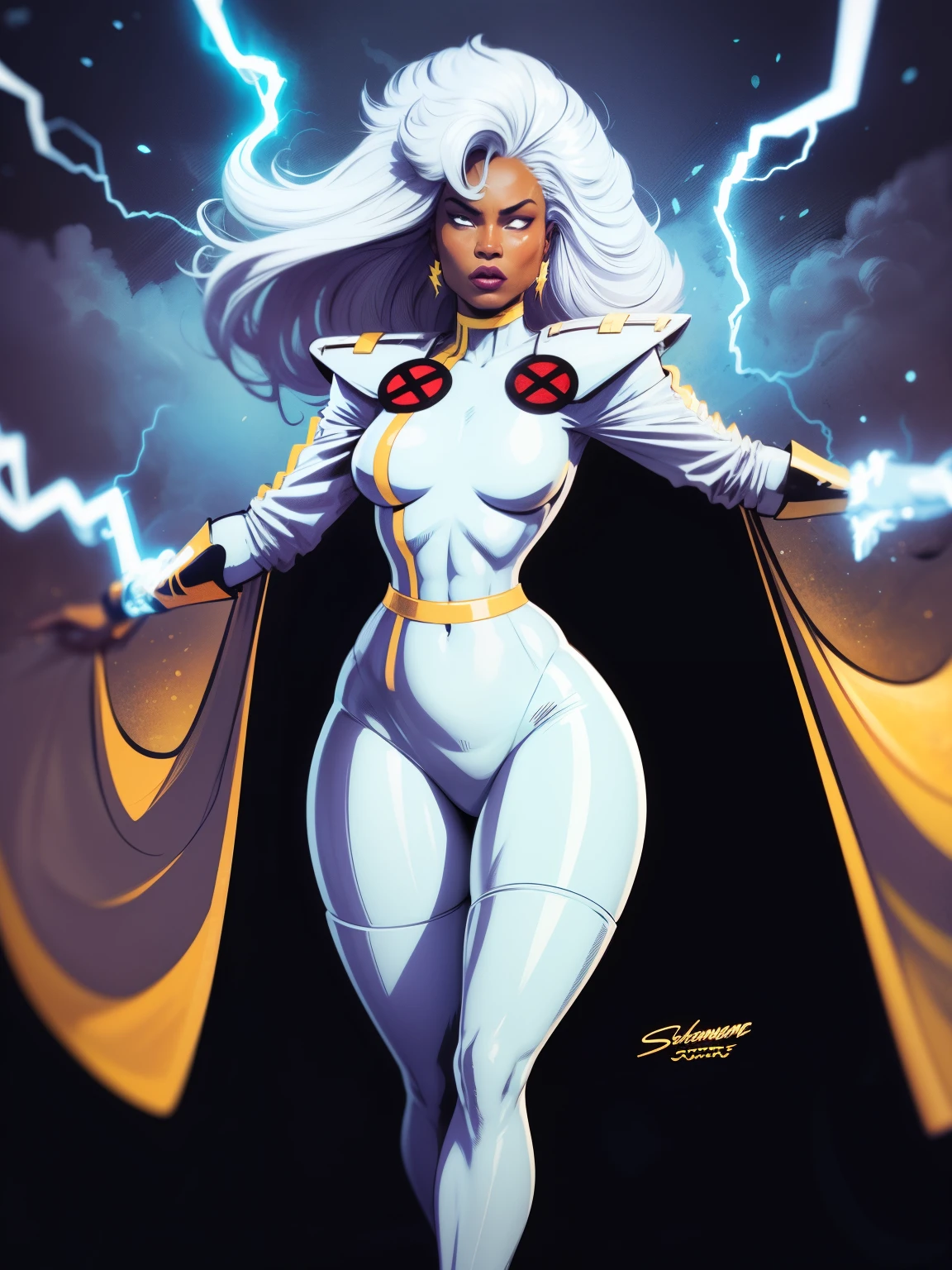 ((A comic style, cartoon art))). Storms wearing her signature outfit. 1 girl, solo, lonly, African girl, has white hair, white eyes, wears a classic X-Men Storm uniform with a cape, in dynamic epic  hero pose. fire blasts of concentrated plasma energy from your hands (((slim Hot Body, camel toes))), which appears to be pulsing with power. ((cinematic thunder background)) , vivid colors, detailed, detailed face, realistic shadows and bright, glowing.