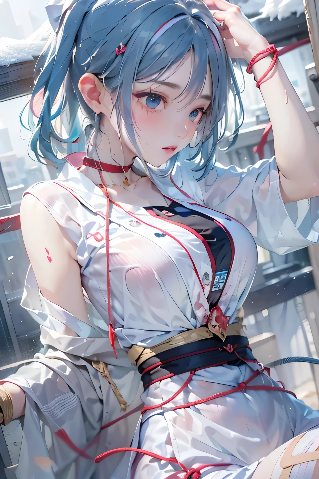 (photorealistic:1.3, highest quality:1.3,8Kmasterpiece, masterpiece:1.3,High resolution,muste piece:1.2),A 23-year-old woman bathed in a hot spring,(white underwear:1.3,choker), Clean wet skin, (looking at the camera:1.2),angle(Photo seen from below:1.3),(short hair:1.2,bright blue hair:1.5), (blushing:1.3,embarrassing:1.1,Smile:1.1), (full of sweat:1.3),Red rope,(rope bondage,Shibari:1.6, chest bondage:1.5),Pause(足を広げた大胆なPause,ダイナミックPause:1.2),background(open-air bath,steam,vapor,snow scene,snow mountain:1.3, sunrise:1.3),(Wet clothes stuck to my skin:1.4),(Nipples visible through clothing),(genitals visible through clothing),(Butt visible through clothes),(slender, abs:1.2),(young skinny gravure idol, sophisticated gravure idol),(detailed perfect face),normal hands:1.5,normal finger:1:5,normal feet:1.5,(cameltoe)