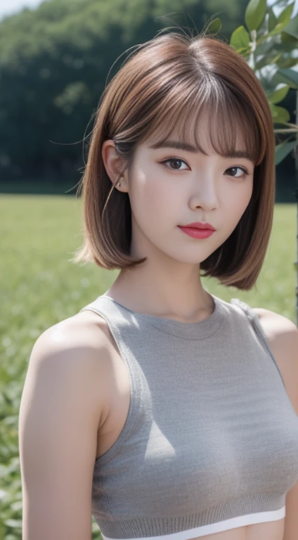 1 real photo of a cute Korean star, striped hair, White skin, Light makeup, 32 inches bust, Wearing a gray crop top top, on a farm, upper body portrait, spark, ultra high definition