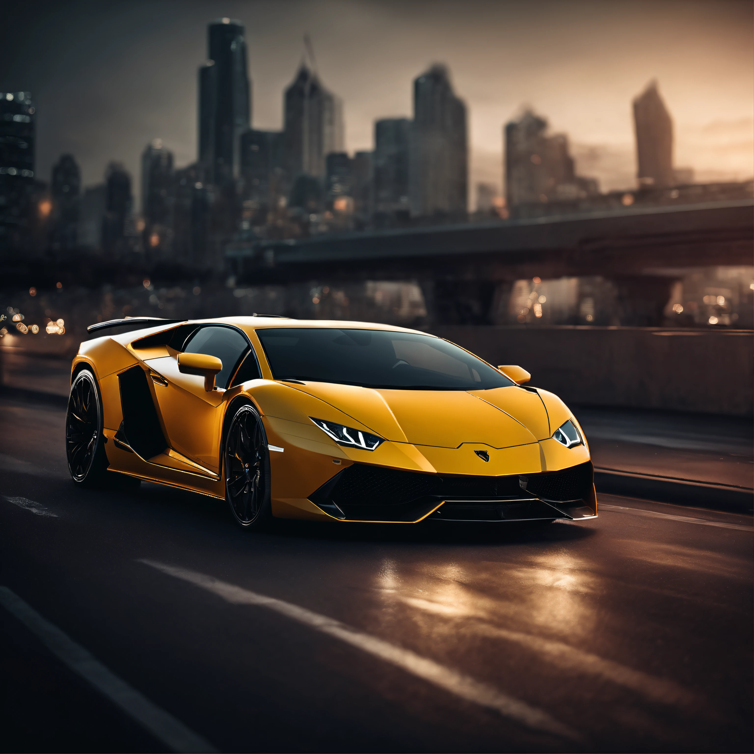 a lamborghini design in street and in the skylines in the background, illustration,