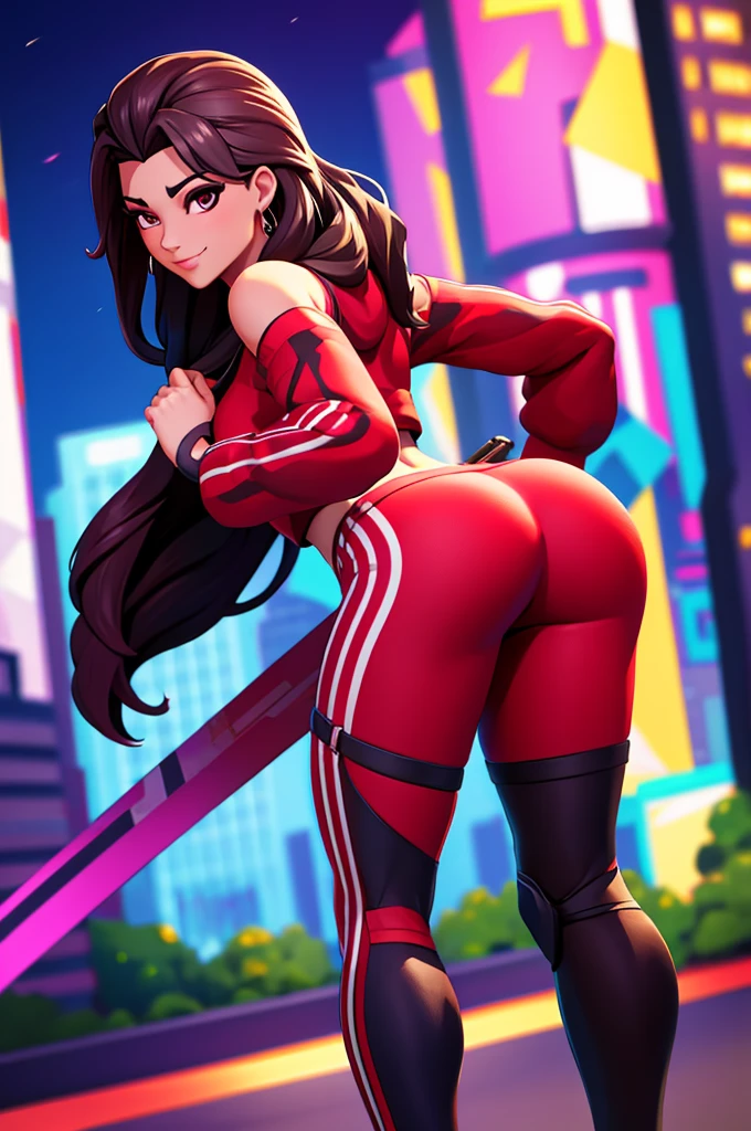 Ruby , (fortnite),1girl, solo, long hair, looking at viewer, smile, breasts, city background, butt, bare shoulders, tight shirt, closed mouth, portrait, red sweatshirt, skin tight pants, red sports pants, seductive, realistic, best quality, masterpiece, ultra detail, ultra high res, extreme detail, 8k, uhd