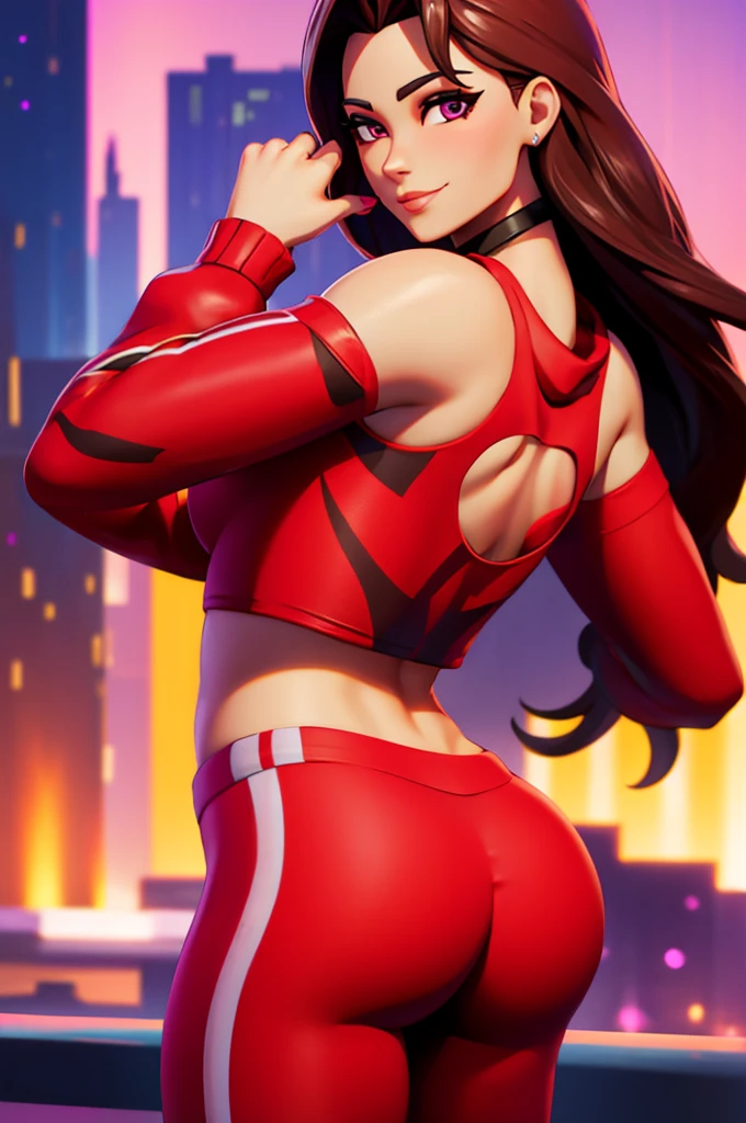 Ruby , (fortnite),1girl, solo, long hair, looking at viewer, smile, breasts, city background, butt, bare shoulders, tight shirt, closed mouth, portrait, red sweatshirt, skin tight pants, red sports pants, seductive, realistic, best quality, masterpiece, ultra detail, ultra high res, extreme detail, 8k, uhd