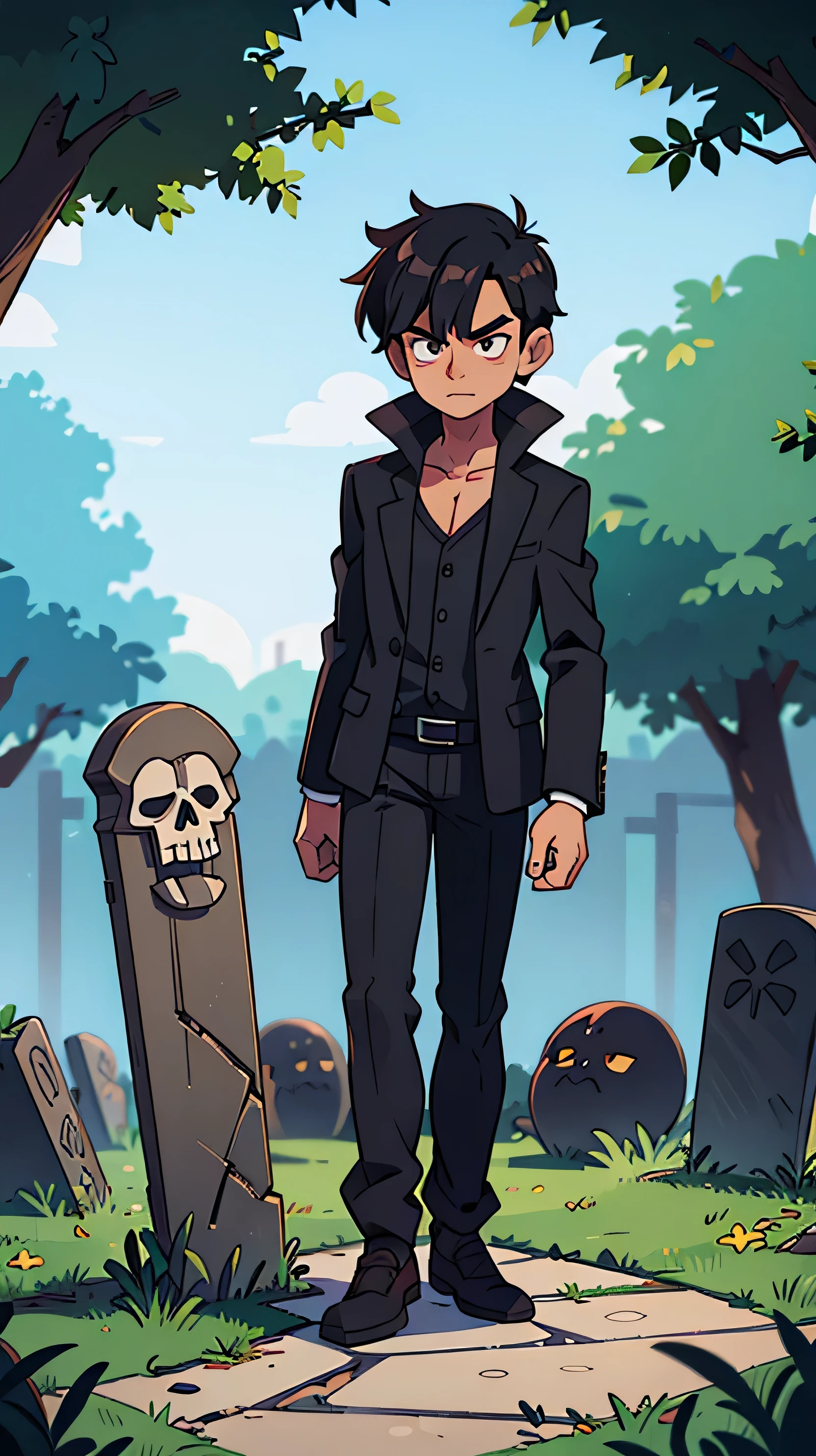 1 black haired male , in a graveyard , wearing a grim reaper costume