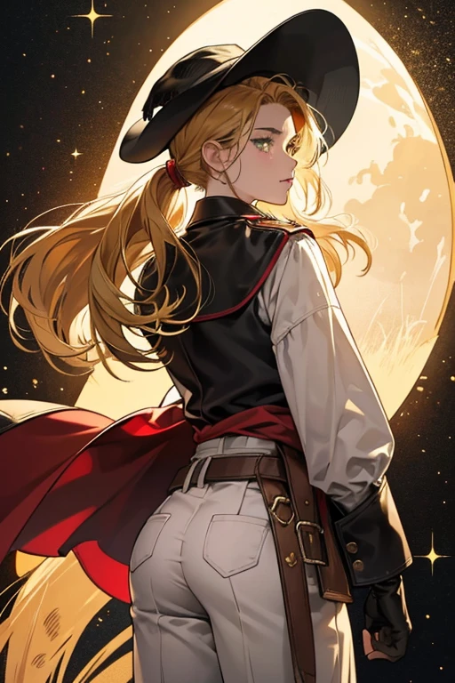 Rye Cookie is a relatively tall Cookie with golden brown SKIN speckled with light freckles and olive-green eyes. She wears her golden hair parted down the middle and pulled back in a ponytail with certain strands braided.
Rye Cookie wears a dark wide-brimmed hat that has a star-shaped sheriff's badge clipped to it and a sprig of wheat poking out from behind. Under a bright red, golden-hemmed poncho, Rye Cookie wears a two-toned quarter-sleeve shirt with a black chest and white body, chestnut pants with black leather chaps and a golden belt buckle, and flared deep black gloves and boots. GLITTER