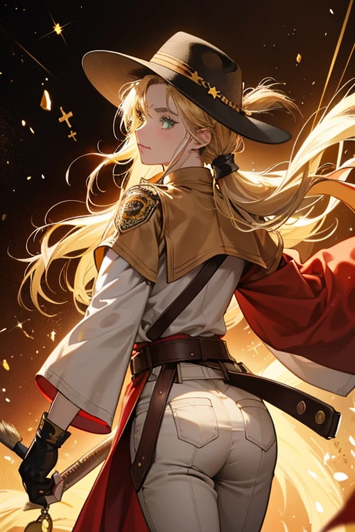 Rye Cookie is a relatively tall Cookie with golden brown SKIN speckled with light freckles and olive-green eyes. She wears her golden hair parted down the middle and pulled back in a ponytail with certain strands braided.
Rye Cookie wears a dark wide-brimmed hat that has a star-shaped sheriff's badge clipped to it and a sprig of wheat poking out from behind. Under a bright red, golden-hemmed poncho, Rye Cookie wears a two-toned quarter-sleeve shirt with a black chest and white body, chestnut pants with black leather chaps and a golden belt buckle, and flared deep black gloves and boots. GLITTER, JELLY
