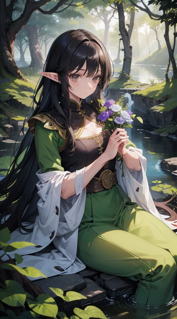masterpiece, best quality, ultra-detailed, 4K, 8K, surreal scene, RPG character, illustration, elven couple, forest backdrop with lake, highest resolution, realistic elves, Woman with dark brown pardo skin and black eyes, Man with black hair and chestnut eyes, intricately detailed flowers and roots covering their bodies, their hands gently closed, capturing a moment of intimacy and unity, professional level of detail.