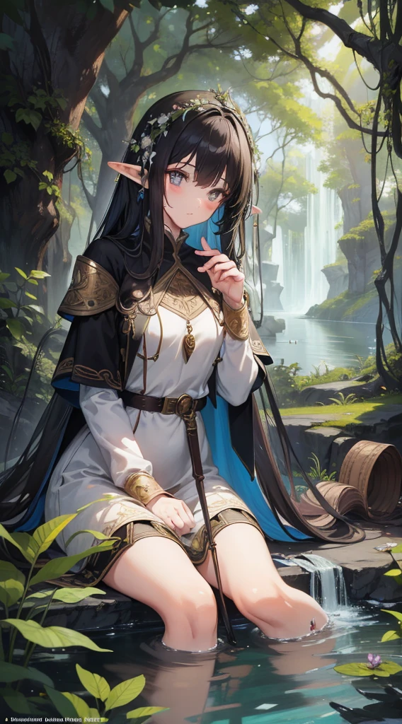 masterpiece, best quality, ultra-detailed, 4K, 8K, surreal scene, RPG character, illustration, elven couple, forest backdrop with lake, highest resolution, realistic elves, Woman with dark brown pardo skin and black eyes, Man with black hair and chestnut eyes, intricately detailed flowers and roots covering their bodies, their hands gently closed, capturing a moment of intimacy and unity, professional level of detail.