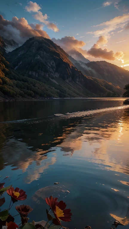Agua de cobalto,Atardecer,Flores,(Fondo de pantalla CG Unit 8k altamente detallado), The most beautiful work of art in the world., Professional Majestic Oil Painting., complejo, Alto detalle, Sharp focus, dramatic, Arte de la pintura fotorrealista.,