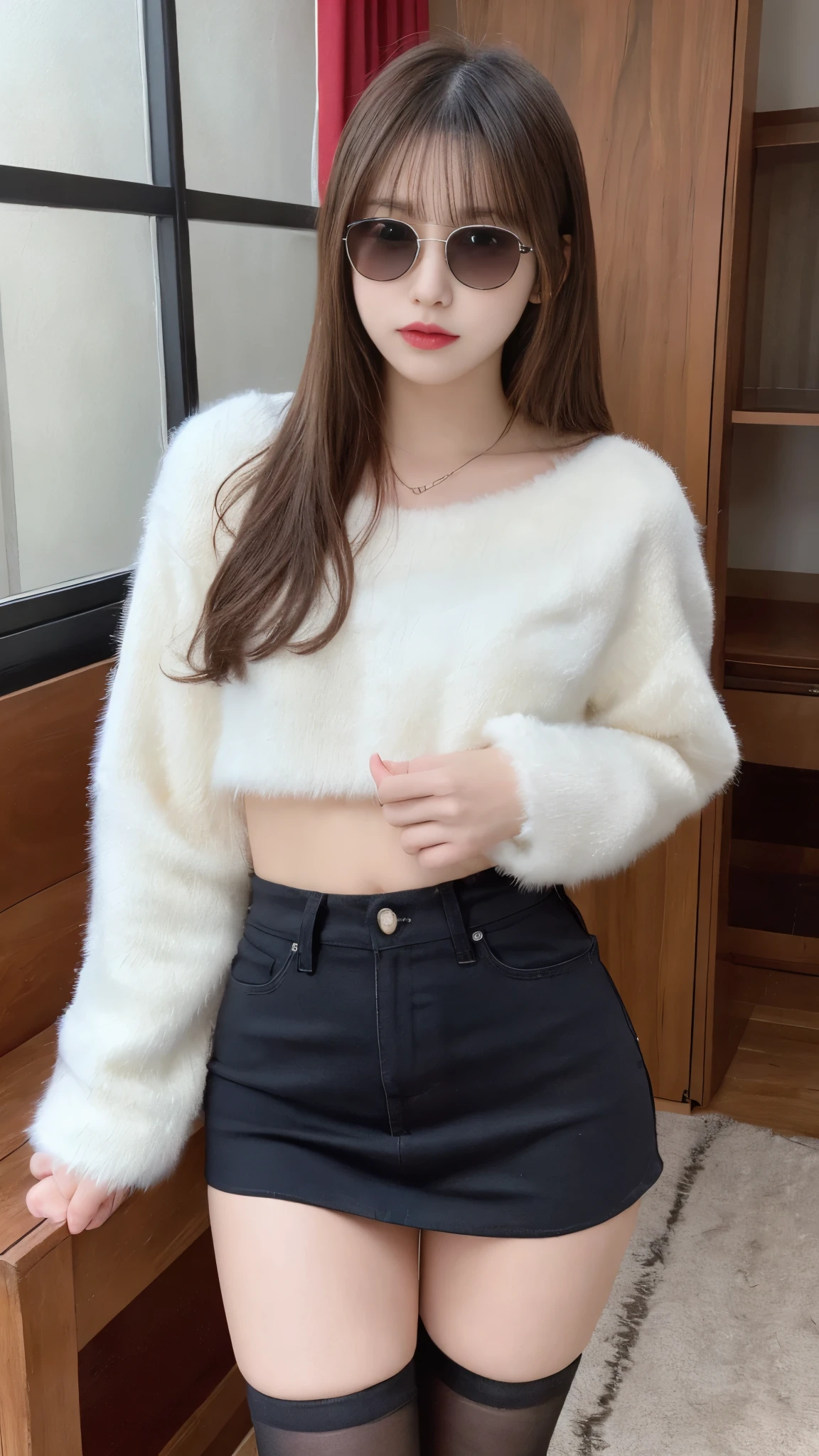 table top, highest quality, figure, super detailed, finely, High resolution, 8k wallpaper, 完璧なダイナミックな構figure, beautiful and fine eyes, woman's fashion fluffy winter clothes,Wearing sunglasses,medium hair,small breasts natural color lip, bold sexy pose、20 year old girl、cute、sexy shot looking at camera,RAW photo,anatomically correct body,blur the background,perfect and beautiful face,KPOP idol face,Slim face and body、Wearing a black miniskirt,Wearing black high heels,sitting in a chair,