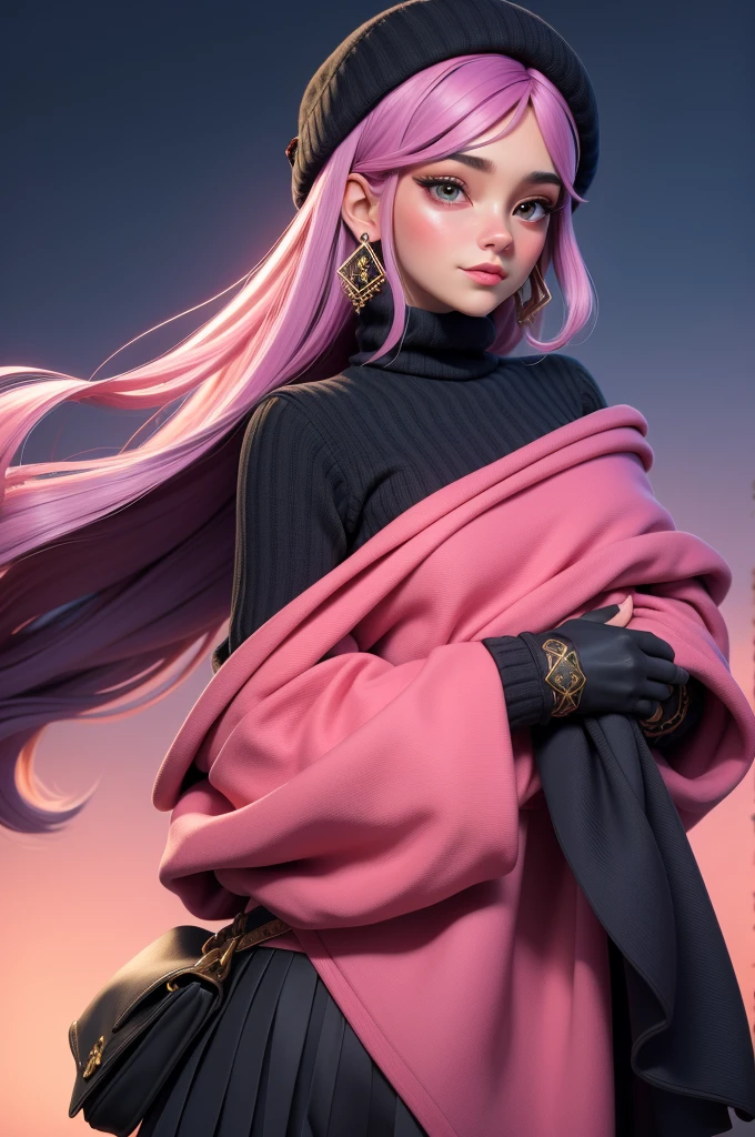 estilo 3dmm,(obra de arte, maximum quality, melhor qualidade, arte oficial, Lindo and aesthetic:1.2), (arte fractal:1.3), 1 garota, Lindo, altamente detalhado, cabelo roxo com um toque de rosa, olhos rosa, dark lighting, serious guy, looking the sky, sky, medium shot, black sweater, joia