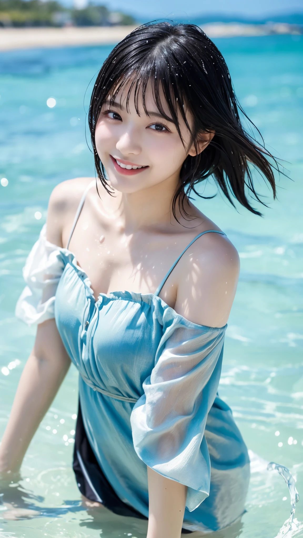 a girl wearing tiny blue sample earring, At the beach, sea, blue sky, sea breeze, half body shoot, Korean, KPOP, happy smile, group, white skin, black hair, jewelry, commercial advertising, white background, laser gradient background, subsurface scattering effect