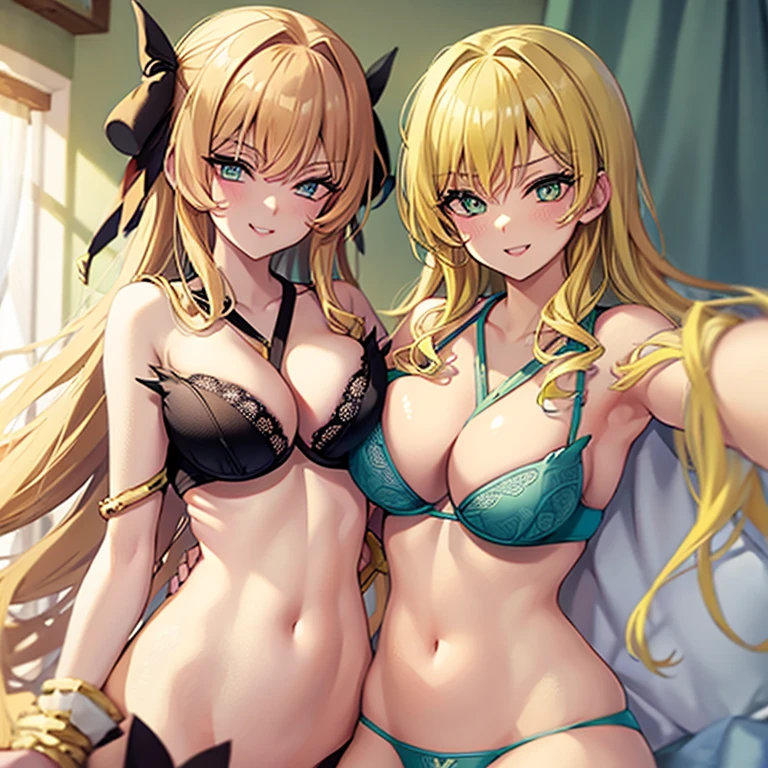 Yellow hair, green eyes, large , sexy, btiful body, masterpiece, bedroom, blue lingerie, blue underwear, blue bra, smile