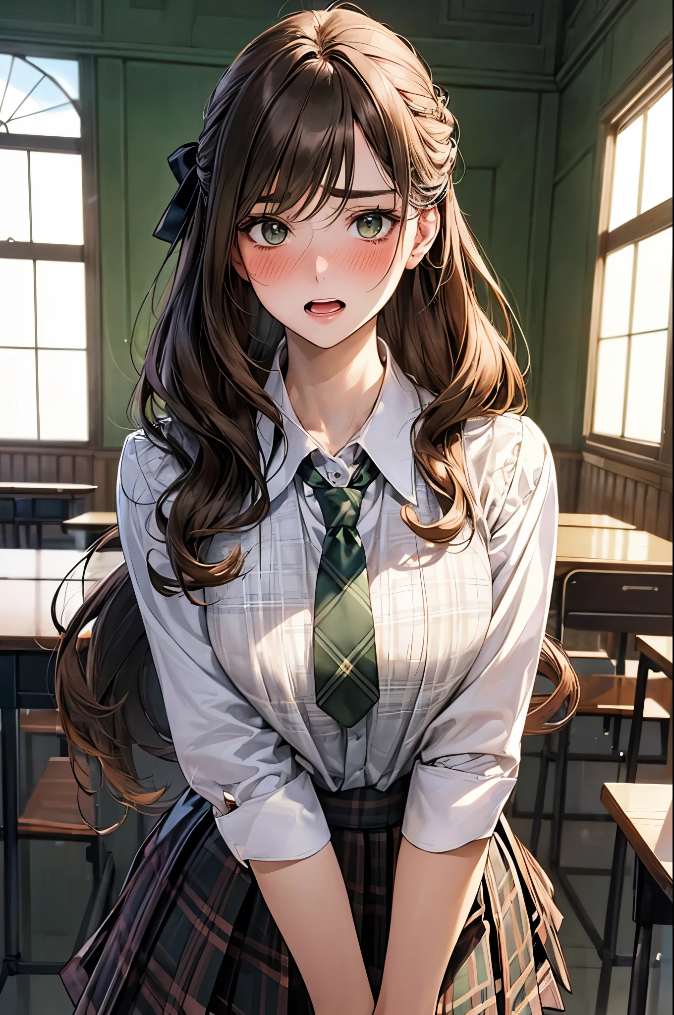 (masterpiece:1.2, top-quality), (realistic, photorealistic:1.4), beautiful illustration, (natural side lighting, movie lighting), nsfw,
looking away, upper body, 1 girl, japanese, high school girl, perfect face, cute and symmetrical face, shiny skin,
(long hair:1.4, half updo:1.2, light brown hair), swept bangs, big eyes, dark green eyes, drooping eyes, long eye lasher, (large breasts:0.6),
beautiful hair, beautiful face, beautiful detailed eyes, beautiful clavicle, beautiful body, beautiful chest, beautiful thighs, beautiful legs,
((symmetrical clothing, detailed cloth texture, white collared shirt, dark green plaid pleated skirt)), dark green tie, hair tie,
(beautiful scenery), morning, classroom, standing, leaning forward, (full-face blush, embarrassed, open mouth),