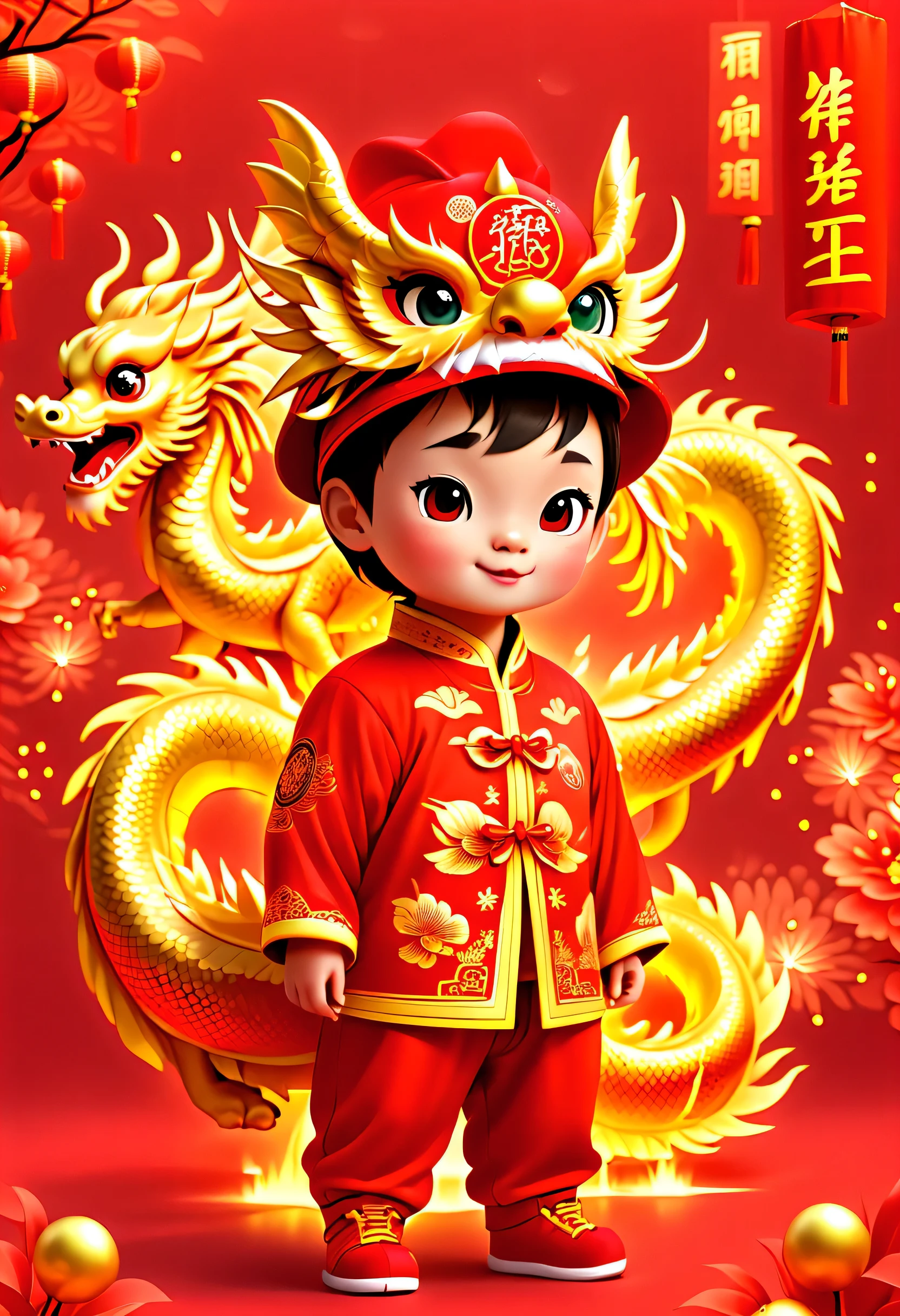 Game character design,3D character rendering,(((Vector illustration style))),(1 cute little boy,Wearing a traditional Chinese red dragon hat,Wearing Chinese red clothes,There is a golden dragon painted on the clothes、Phoenix and other patterns,Highlighting the theme of the Chinese Lunar Year of the Dragon in 2024,A Chinese dragon hovers behind him:1.5)。(eyes are big,When you blink, two small dimples will appear,Smile and open your mouth,neat teeth is exposed,Holding a big red envelope in hand,The action of sending blessings:1.6),(Thick bouncy black curly hair,A small red flower is worn on his head),(Red hat with gold trim and embroidery,Clothes have buttons、Embroidery and other detailed designs), (((stand up,中国Xiangyun布鞋: 1.6, Glowing lines or orange LED light effect))), (Full body image: 1.5), ((Chinese new year elements background,Xiangyun,fireworks,firecracker:1.8)), (Throw, First-person perspective, Ghibli style colors, Luminism, Cinema lighting, ultra high definition, masterpiece, precise, anatomically correct, textured skin, Super details, high detail, high quality, Award-winning, best quality, 16k), Bubble Mart Blind Box, 3d rendering