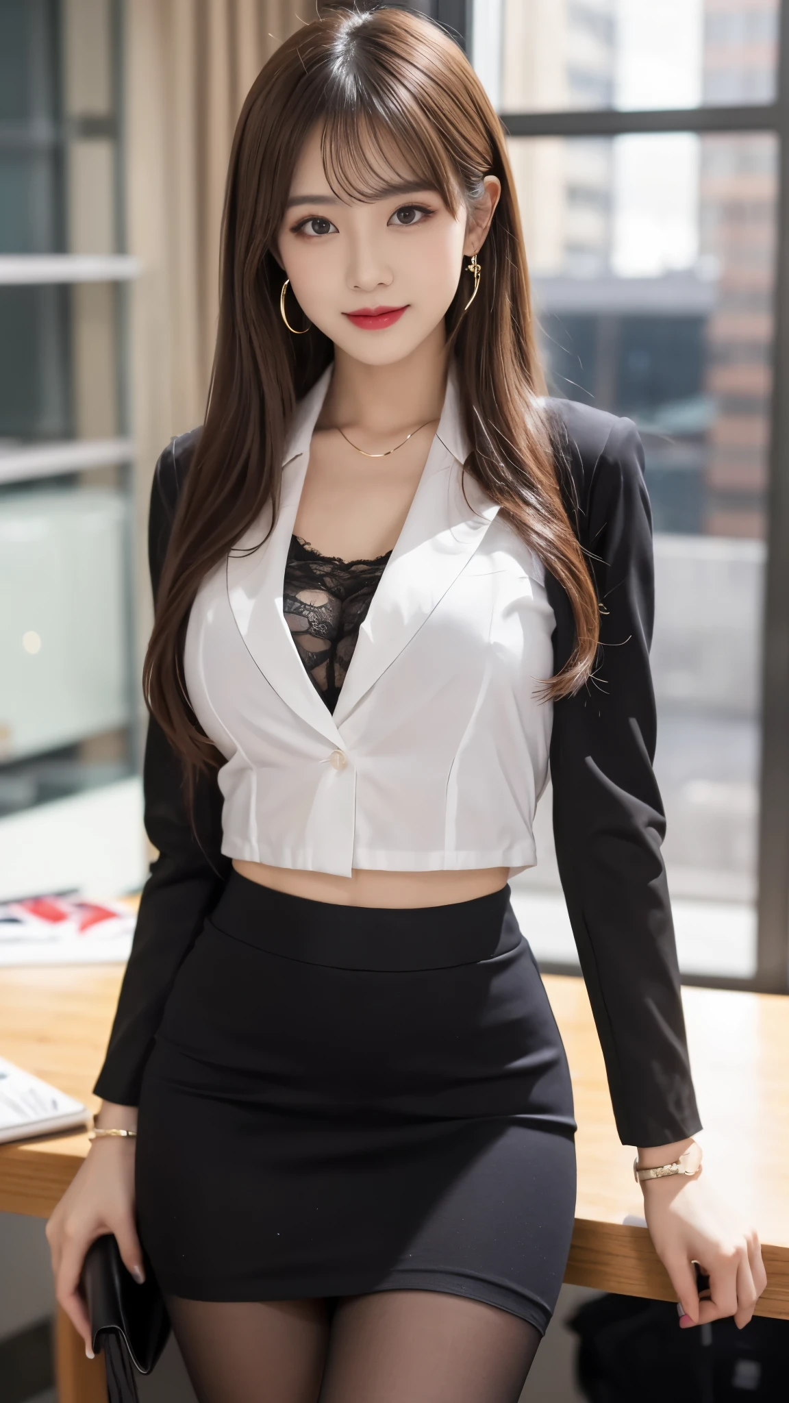 beautiful japanese woman,Photos taken by a professional photographer,Fancy makeup with red eyeshadow,double eyelid,The best smile,Delicate brown hair with short cut and side waves,big ring earrings,elegant legs,Wearing black high heels,long and thin legs, white shirt and super miniskirt, long legs, standing during class, very beautiful slim legs, とても美しいlong and thin legs, sitting at desk, Business service, beautiful feet, good hips and long legs, beautiful feet, black tights,black stockings,black pantyhose,random pose,