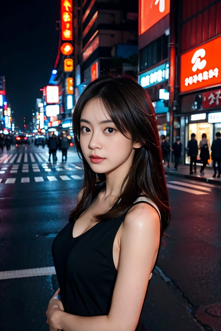 1 girl, tokyo street,night, cityscape,city lights, Upper body,close, 8K, RAW photo, highest quality, masterpiece,realistic, photo-realistic,