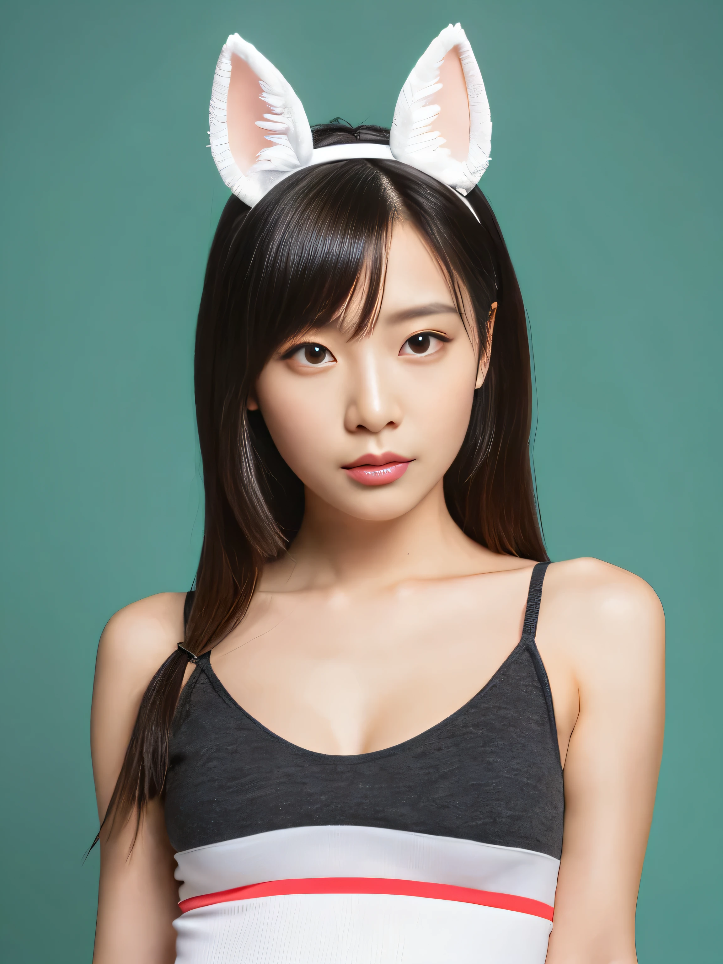 1girl, animal_ear_fluff, animal_ears, bangs, bare_shoulders, black_hair, blush, breasts, cat_ears, closed_mouth, eyebrows_visible_through_hair, green_eyes, grey_background, hair_between_eyes, karyl_(princess_connect!), long_hair, looking_at_viewer, medium_breasts, multicolored_hair, shirt, simple_background, sleeveless, sleeveless_shirt, solo, upper_body, white_background, white_shirt, 