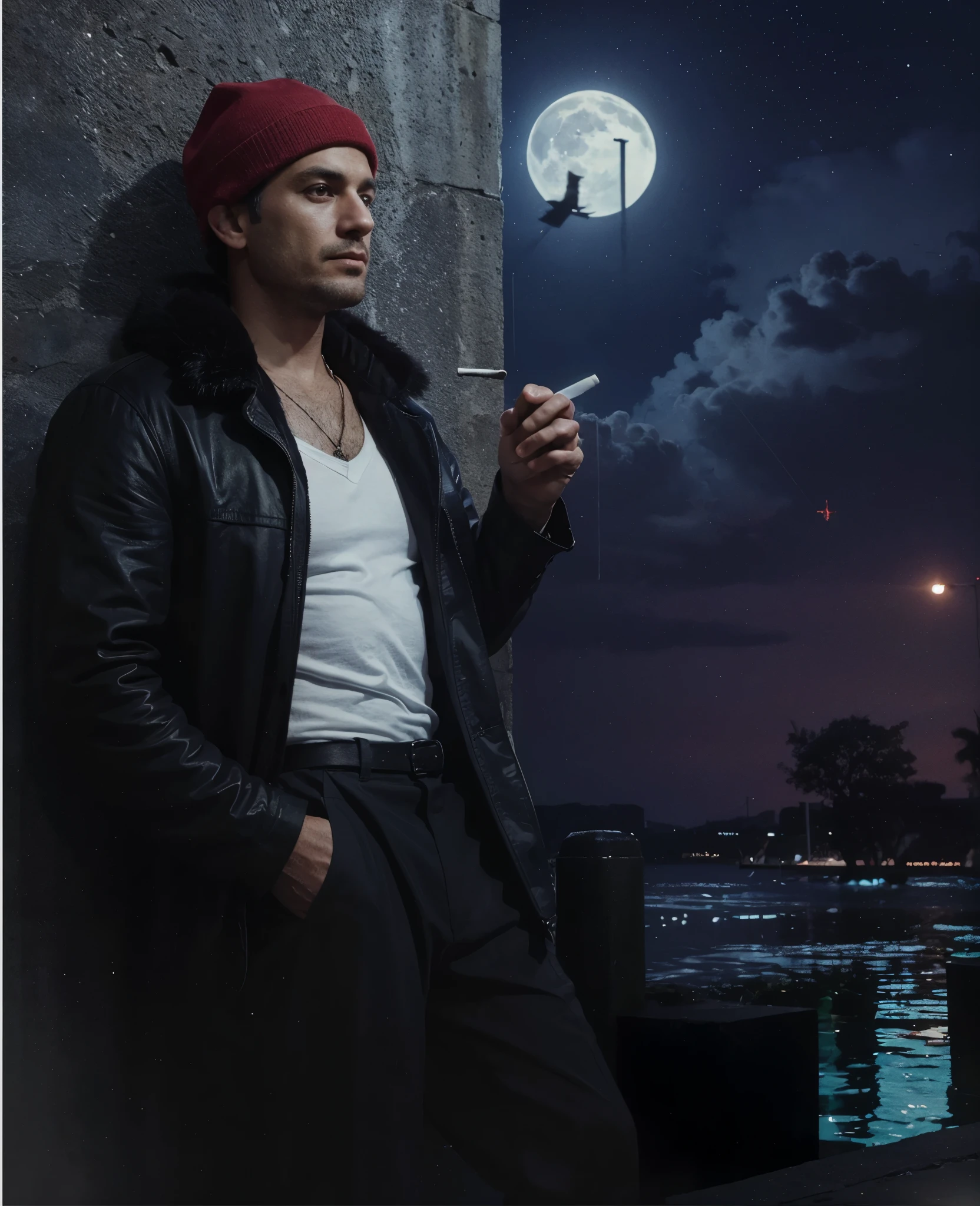 Ultra-realistic cinematic image, 8k um homem posando para uma foto. He is wearing a black jacket with a fur detail on his chin and a red cap.. The man is standing, with one hand in his pocket and the other hand holding something that appears to be a cigarette. He has a serious expression and is looking directly at the camera.
The background of the image is illuminated with blue and red lights, iluminando um ambiente noturno. There's a big moon in the sky, e ao fundo, there is a scene that appears to be a bridge or boat scene, com acesas e estruturas que parecem ser parte de uma cidade. The image has a style that appears to be an illustration or a photo with a filter, given the shade and artificial lighting.