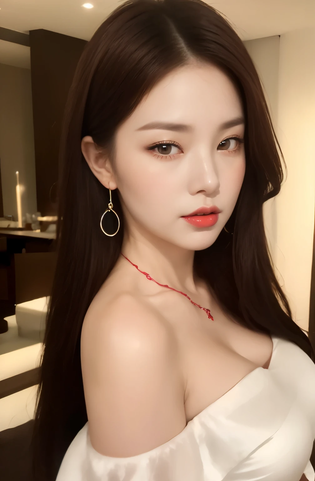 (24 year old lover), (big breasts:1.3),   at a luxury hotel、(classy and cute girl:1.3), (Wearing an off-shoulder white silk blouse:1.2), (orange flare skirt:1.2), (slender body shape:1.1), beautiful clavicle,(masterpiece: 1.3), (maximum resolution: 1.4), (super high quality: 1.2), cinematic light, super high quality,((make your cheeks red:1.3))、close your eyes、ask for a kiss:1.2、 (beautiful eyes and skin), (detailed facial features), 8K resolution, perfect style, beautiful expression、Highly detailed face and skin texture、fine eyes、double eyelid、glitter eyeliner:1.2、shiny skin、pure white skin:1.2、red rouge、dark lipstick:1.2、small shiny necklace and earrings、glossy lips:1.2、glossy lips:1.2、((full body shot:1.2))、(straight hairstyle、light-brown long hair)、night、From above