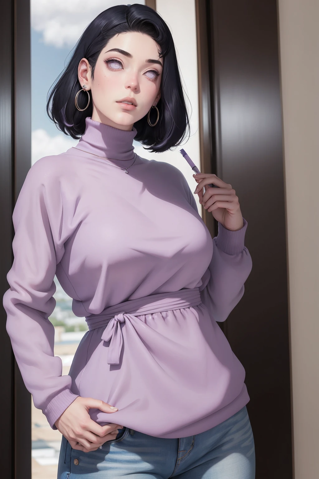 { - anatomy error} (Masterpiece - Ultra-detailed, very high resolution) , absurdos, Hinata\(Boruto\), 1girl, sozinho,Mature female, Capuz roxo,mangas em camadas, jeans, ao ar livre, Cloudy sky, perfect composition, circunstanciado lips, peito grande, beautiful face, body propotion, corar, (pink lips), cabelos pretos curto (black hair), lilac eyes, olhar suave, super realistic, circunstanciado, rosto e corpo realistas, Realistic hair, olhos realistas, nariz realista, realistic lips, with large hoop earrings,