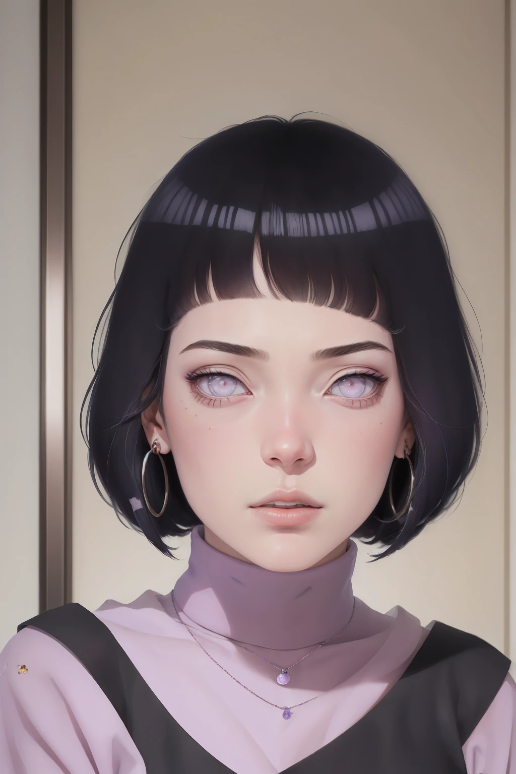 { - anatomy error} (Masterpiece - Ultra-detailed, very high resolution) , absurdos, Hinata\(Boruto\), 1girl, sozinho,Mature female, Capuz roxo,mangas em camadas, jeans, ao ar livre, Cloudy sky, perfect composition, circunstanciado lips, peito grande, beautiful face, body propotion, corar, (pink lips), cabelos pretos curto (black hair), lilac eyes, olhar suave, super realistic, circunstanciado, rosto e corpo realistas, Realistic hair, olhos realistas, nariz realista, realistic lips, with large hoop earrings,