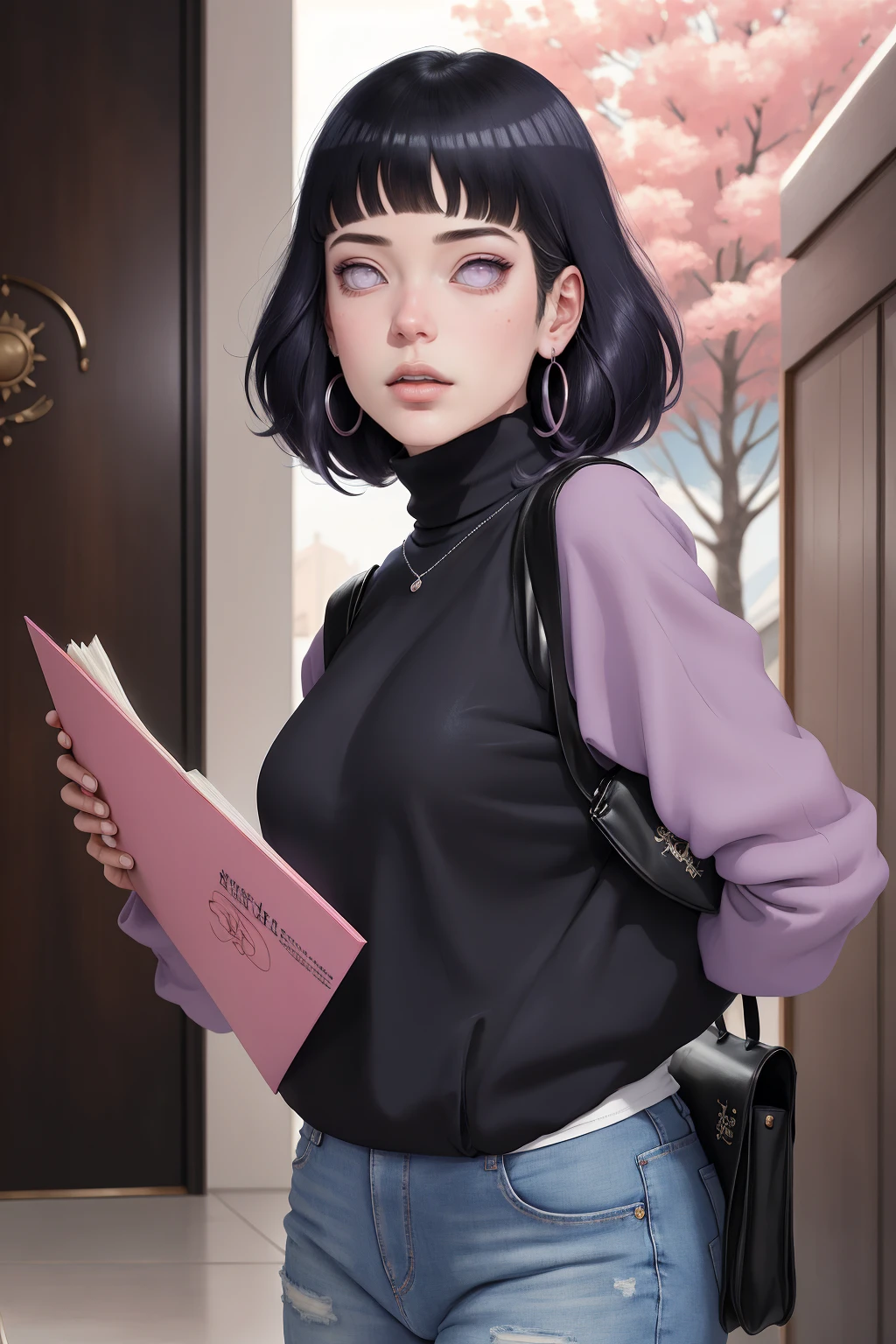 (masterpiece) (huge titusty, masterpiece, absurdres, hinata\(boruto\), 1girl, solo,mature female, off-shoulder bra, high waist black short skirt, looking at viewelling petals), perfect composition, detailed lips, big breast, beautiful face, body propotion, blush, (pink lips), short hair, (black hair), purple eyes, soft gaze, super realistic, detailed, photoshoot, realistic face and body, closed mouth, laying on the bed , lilac eyes, full body, lace clothes,  with chin resting on shoulder, perfect fingers