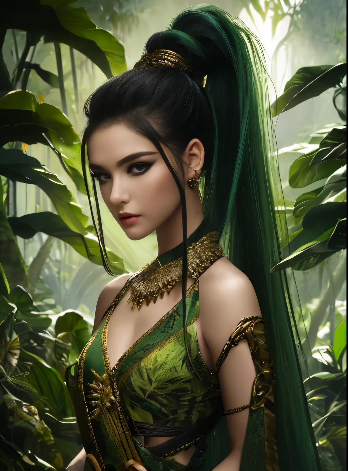 ,1girl,solo,masterpiece, best quality,fantasy,dark green,ponytail hair,shadow,
face is important,sexy is important,eyes are important,rThe character is the main body of the work,(upper body),
Jungle,banana trees,ruins, swirling magic,eyes on camera