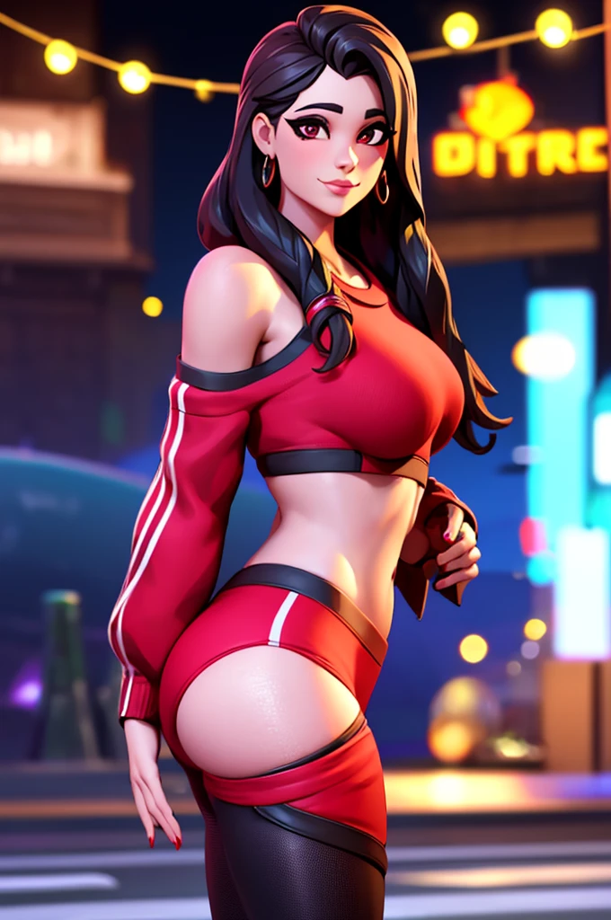 Ruby , (fortnite),1girl, solo, long hair, looking at viewer, smile, breasts, city background, butt, bare shoulders, tight shirt, closed mouth, portrait, red sweatshirt, skin tight pants, red sports pants, seductive, simple background, realistic, best quality, masterpiece, ultra detail, ultra high res, extreme detail, 8k, uhd