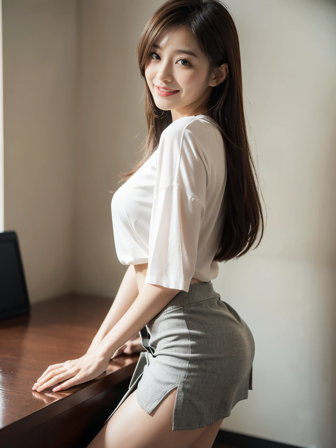 ((((highest quality))))、(((Ultra-precision CG16K wallpaper)))、(((masterpiece)))、(((Super detailed)))、(((super extreme details)))、1people's women、mature woman、25 year old woman、((Japanese face))、((very beautiful face))、((NHK Announcer、Yurika Kawaguchi:1.5))、((straight semi-long hair:1.3))、(shiny hair)、bangs up to eyebrows、beautiful brown hair、beautiful delicate eyes、brown eyes、C-shaped eyebrows、high nose、small nostrils、small mouth、seductive lips、mouth slightly open、beautiful breasts、C cup size breasts、plump body、perfect proportions、perfect anatomy、perfect composition、beautiful detailed shading、beautiful natural lighting、beautiful detail glow、Depth of bounds written、(((High chroma)))、(((real:1.9)))、((vivid:1.4))、((beautiful skin))、((skin texture))、((realな皮膚感))、(((cowboy shot:1.5)))、((Angle seen from the front:1.5))、((smile:1.4))、(Eyes looking at me:1.5)、bright sunshine、(((daytime office:1.3)))、(standing pose:1.5)、(((business casual wear clothes、Double slit miniskirt clothing:1.6)))、