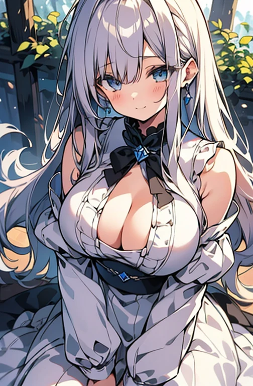 ((highest quality))、((8K))、((High resolution))、((masterpiece))、((Super detailed))、one beautiful woman、(height 160cmwomen of)、((Looking at the camera from the front))、((photo from the knees up))、((standing))、detailed background, beautiful and delicate blue eyes、Eyes like clear jewels,Beautiful, smooth, silvery hair、Soft and smooth long hair、Large drooping eyes that exude gentle motherhood、Crying mole on right eye、A motherly smile watching over her 、((Perfect and beautiful fingertips))、Extremely plump big breasts that exude motherhood、Protruding buttocks with beautiful curves, (Good body lines、A woman wearing a thin, pure white long dress)、casual pose, shine, Sparkling,deep in the forest