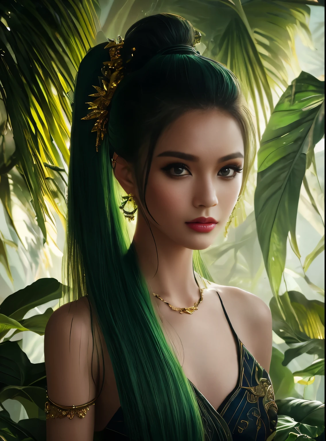 ,1girl,solo,masterpiece, best quality,fantasy,dark green,ponytail hair,shadow,
face is important,sexy is important,eyes are important,rThe character is the main body of the work,(upper body),
Jungle,banana trees,ruins, swirling magic,eyes on camera