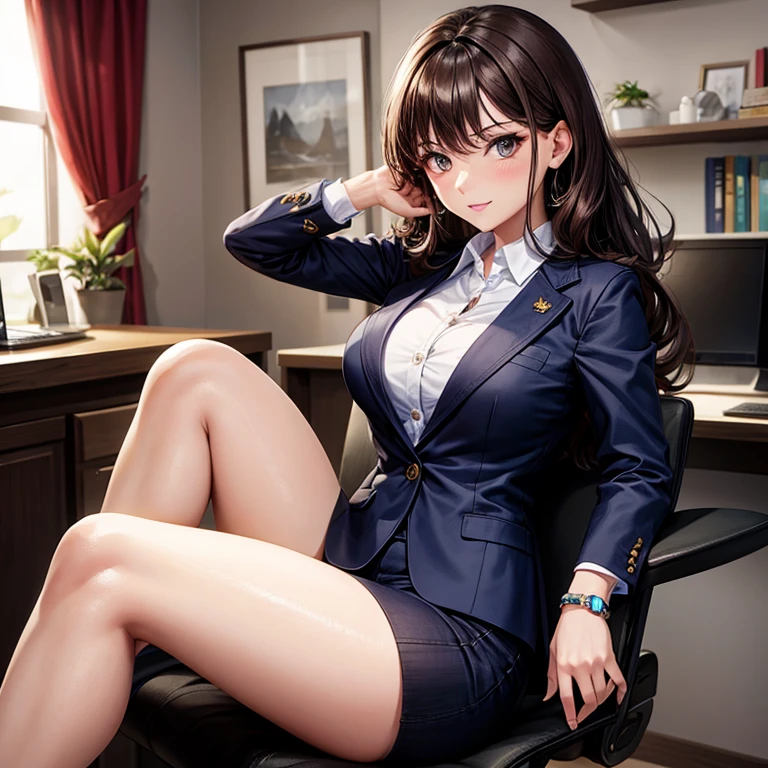 (clear, high-definition image), (job interview, Interviewer's perspective), frontal image of a woman wearing a miniskirt sitting on a chair and looking straight at interviewer, open legs a bit, seduce by (slightly) showing her light colored panties, unbuttoned shirt, angle from below, book shelf, window, casual styled suit jacket, tiny earrings, thin necklace, smiling, dark red hair,