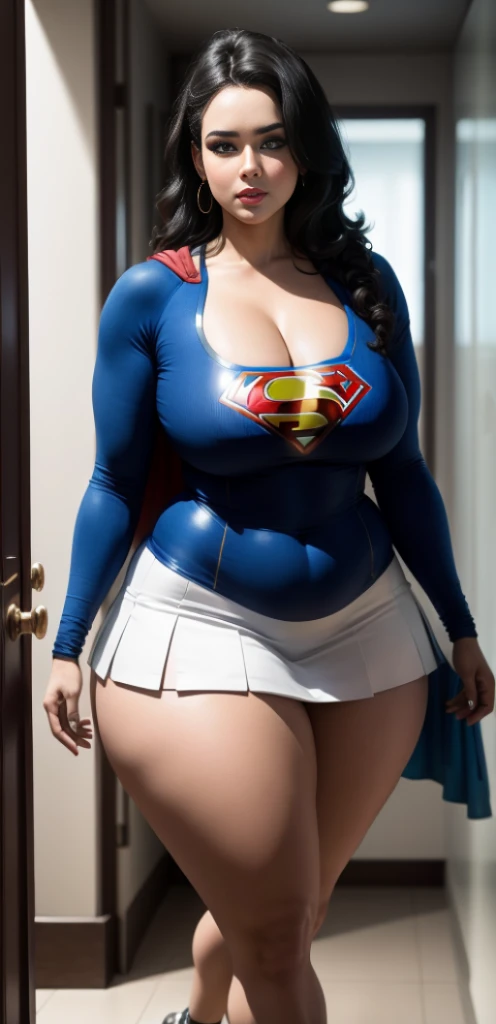 "An ultra-detailed 8k masterpiece of better quality and high saturation well focused. The image features an outfit illustration featuring a stunning plus size European woman wearing a super tight sexy white and blue supergirl mini skirt costume, including a blue background, long legs, black hair, (MILF:1.3)."