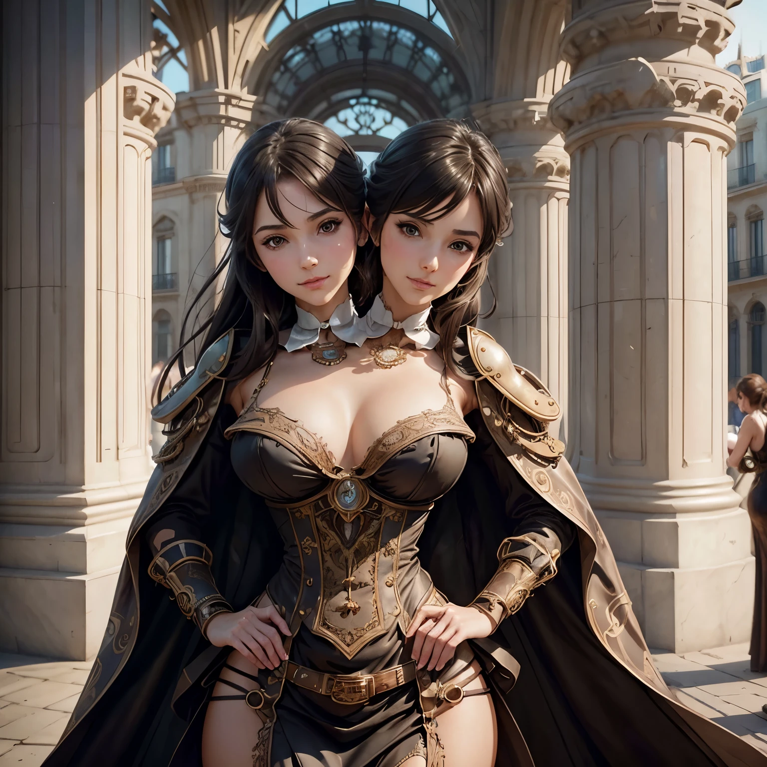 photo of (( )), 1girl, wearing elegant dress steampunk items, modern day in Paris , intricate, elegant, highly detailed, digital painting, artstation, concept art, smooth, sharp focus, illu0.8ation, art by artgerm and greg rutkowski and alphonse mucha, (two heads)