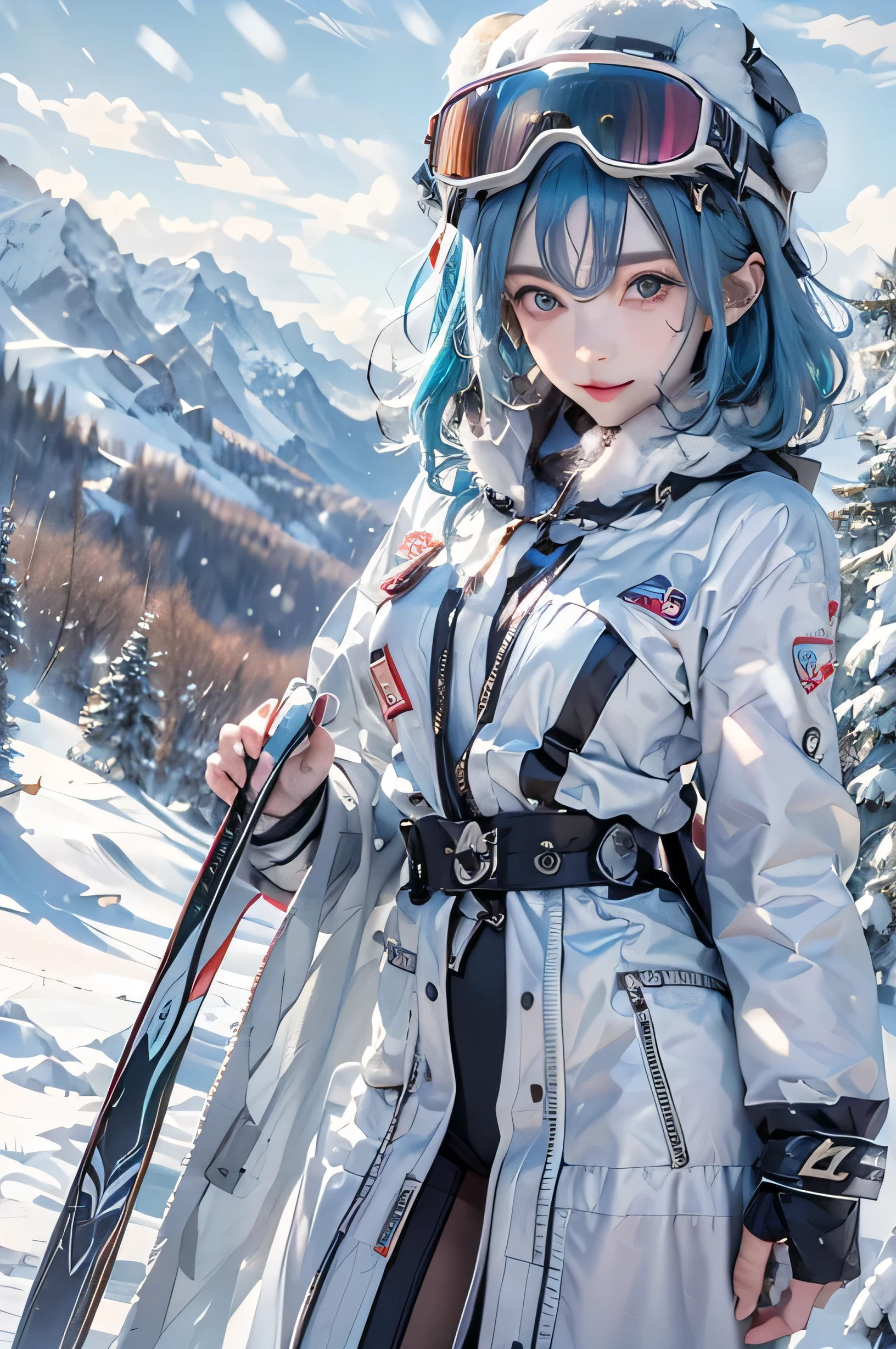 (photorealistic:1.3, highest quality:1.3,8Kmasterpiece, masterpiece:1.3,High resolution,muste piece:1.2),snow mountainに立つ1人の23歳の女性,(bondage ski wear:1.3,choker,boots), beautiful skin, (looking at the camera:1.2),angle(Photo seen from the front bottom:1.3),(short hair:1.2,bright blue hair:1.5), (smile:1.1,blushing:1.3),Pause(足を広げた大胆なPause,ダイナミックPause:1.2),background(snow scene:1.5,snow mountain:1.3,Ski resort),(slender, abs:1.2),(young skinny gravure idol, sophisticated gravure idol),(detailed perfect face),normal hands:1.5,normal finger:1:5,normal feet:1.5,(cameltoe)