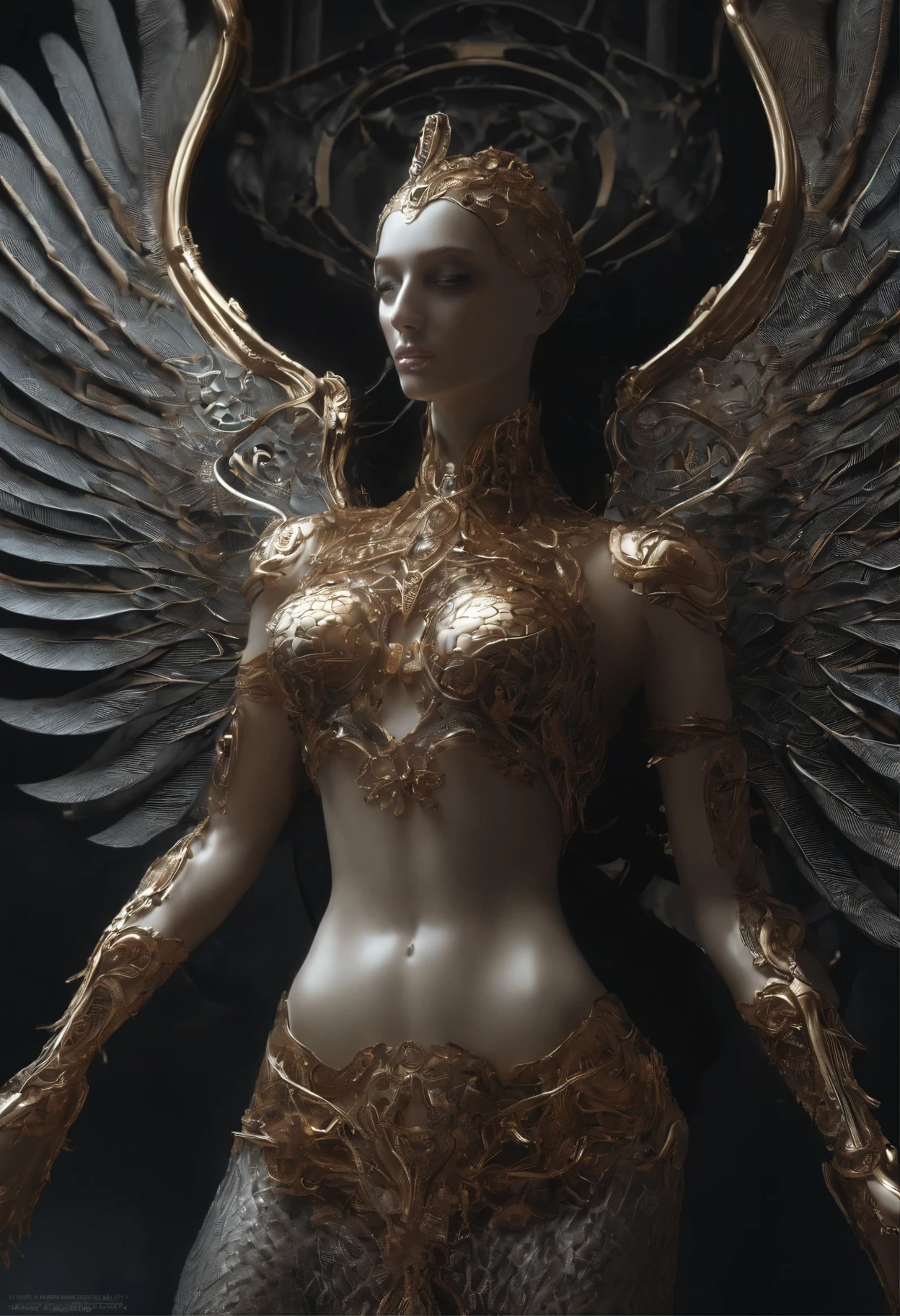 Intricate 3D rendering of the beautiful angel of death、Biomechanical cyborg、analog 150 mm lens、Agradable luz natural de borde suave、neon veins、root、Delicado encaje de hojas、Detalles de color、Disfraz de Boris Bidjan Saberi、pendientes de perlas、nipple piercing、Bordado de moda Art Nouveau、detalles intrincados、Mesh lines、Fractal de Mandelbrot、Muscles of the face、Electric cables、microprocesador、LotR、hiperrealista、octano,volumetric lighting,8K and post-production,Rojo blanco con un poco de negro,Detalle del esqueleto de metal,medio humano,Irridescent,Estilo Glenn Brown,futuristic room、El poder de Dios、High angle shooting、Postura corporal compleja,Dragon Chino,Chinese phoenix