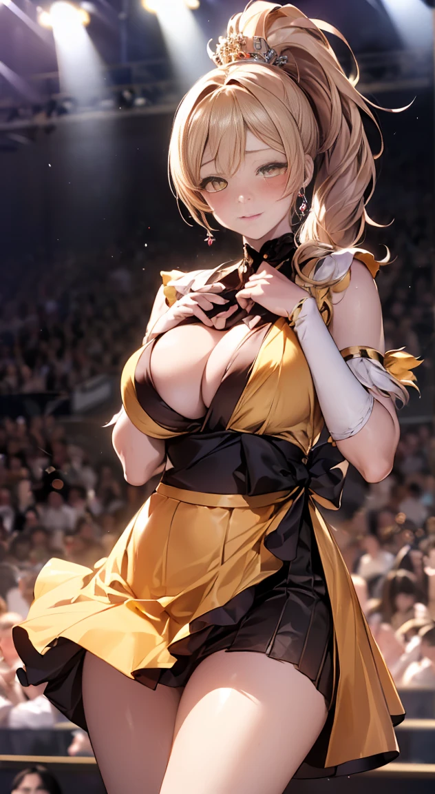 (masterpiece:1.2, highest quality), (realistic, photorealistic:1.4), beautiful illustrations,
looking at the viewer, whole body, Front view:0.6,
1 female, Japanese, ((long blonde princess cut:1.5, high ponytail:1.5)), blown hair, bangs, ((big breasts, thin waist, big ass))
beautiful hair, beautiful face, beautiful and detailed eyes, (yellow eyes:1.3), beautiful clavicle, beautiful body, beautiful breasts, beautiful thighs, beautiful feet, beautiful fingers,
(beautiful scenery), beautiful concert stage,
((polka dot dress:1.3, detailed accessories, vest, mini skirt)), panties,
(Are standing, lift the skirt, Grab the hem of the skirt, put your hand on your chest, hand between legs, open your legs:1.3),
(Look at the viewer while blushing:1.3), ((idol costume:1.5))