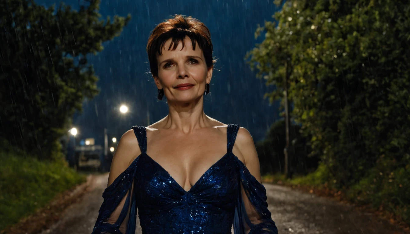 Uma jovem garota da cidade (Juliette Binoche), com um longo vestido Azul Sky, caminhando ruas da cidade a noite, It&o39;It's raining and there&39;There's beautiful moonlight in the sky.