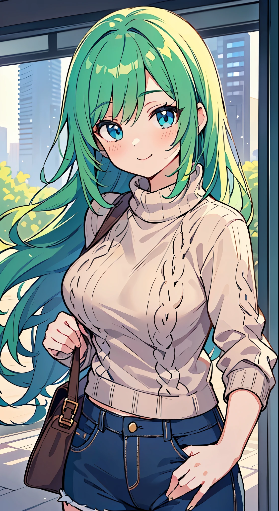 ((A Pretty girl with green hair and blue eyes)), ((Wearing knit sweater and hot pants)), , ((master piece, top-quality, ultra-definition, high resolution)), anime girl, ((ultra-detailed illust:1.2)), only one person, bangs, hair between eye, beautiful hair, Beautiful eyes, Medium breasts, Big smile, cityscape