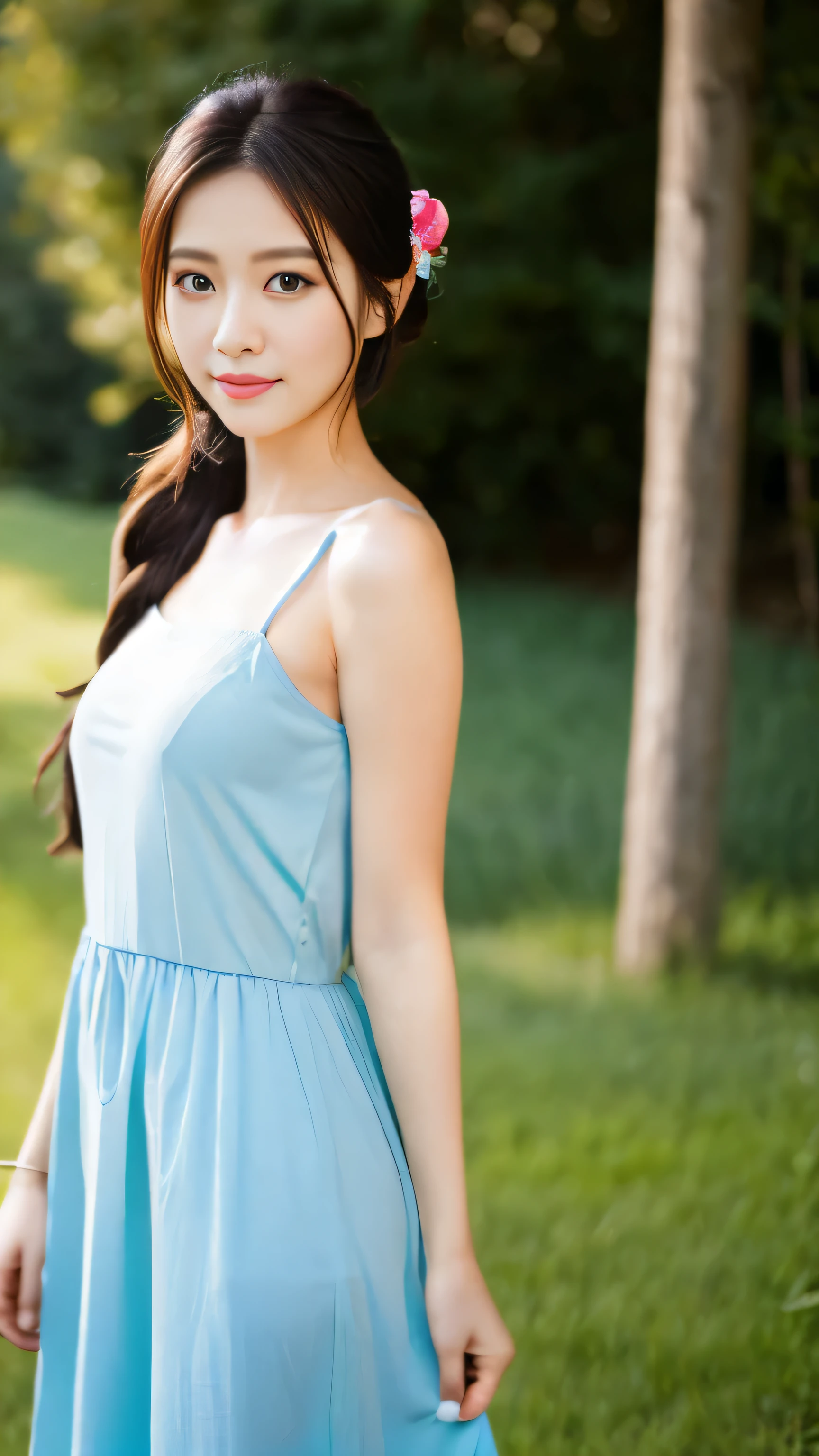 A close up of a woman in a blue dress standing in a field - SeaArt AI