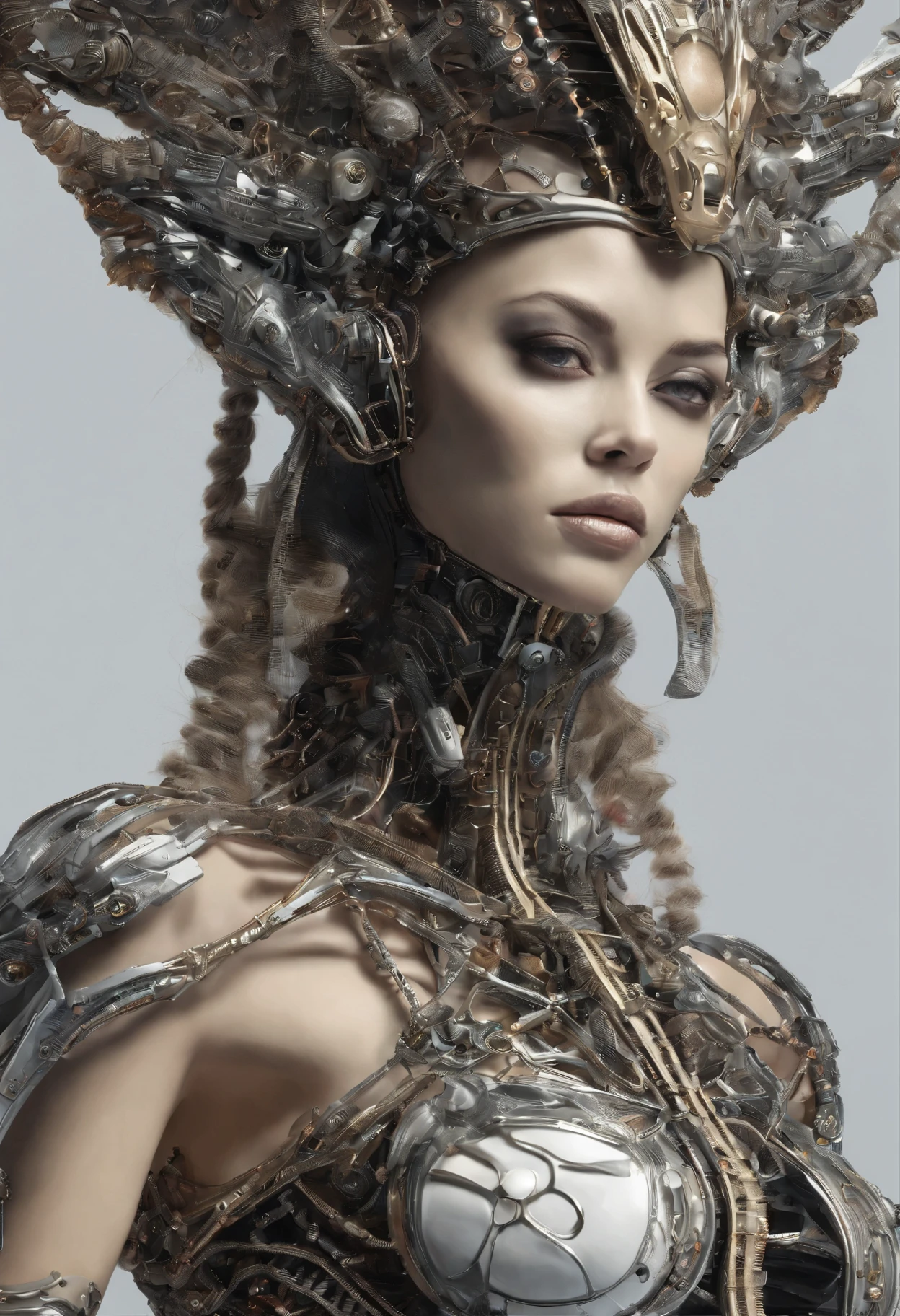 complex 3d render ultra detallado of a beautiful porcelain profile kim kardashians face , Biomechanical cyborg, analogous thing, Lente de 150 mm, Hermosa luz de borde suave natural, Hojas y tallos grandes, roots, Encaje de follaje fino, detalles coloridos, Maasai warrior, Alexander McQueen Alta Costura, pendiente de perlas, Moda Art Nouveau bordada, steampunk, detalles intrincados, alambre de malla, Fractal de Mandelbrot, Anatomical, facial muscles, alambres de cable, pastilla, elegante, Hyper realistic, ultra detallado, renderizado de octanaje, h.R. estilo giger, volumetric lighting, 8k post-production
