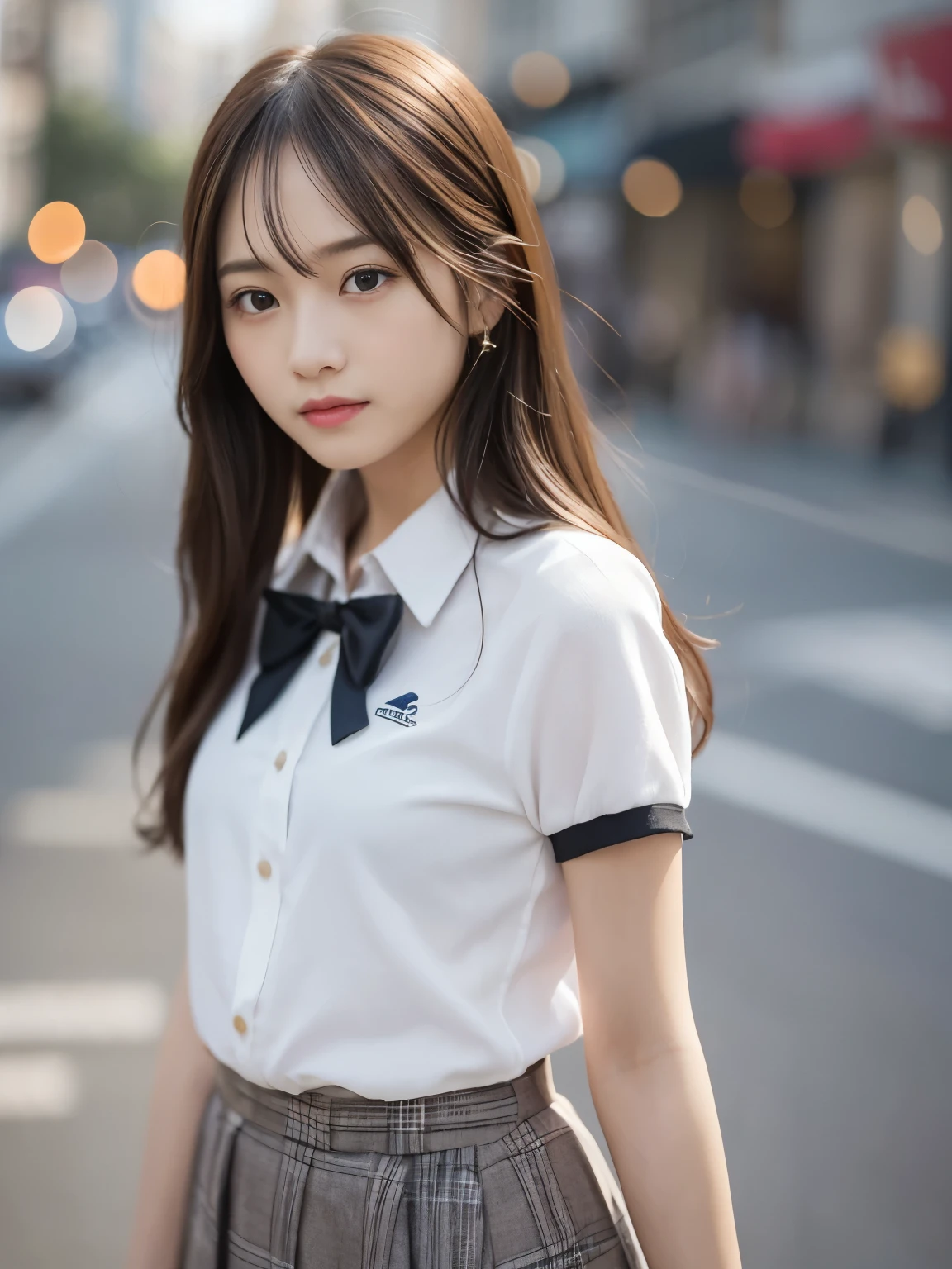 master piece，highest quality，official art，Highly detailed CG Unity 8K wallpaper，Like a high school girl wearing short sleeve summer clothes，A super slim and slender 16 year old girl.，とても繊細で美しいface，超High resolution，（Realistic：1.4），golden hour lighting，（whole body），（Platinum Long Hair：0.8），（soft and gentle eyes），looking at the viewer，Facing Front，smile，JK skirt，uniform，（Chiayi：1.5）， master piece， best quality， RAW photography， Realistic， face， incredibly ridiculous resolution， beautiful girl， Depth of bounds written， High resolution， super detailed， small details， very detailed， 非常に詳細な目とface， sharp pupils， Realisticな生徒， fix a sharp focus， cinematic lighting