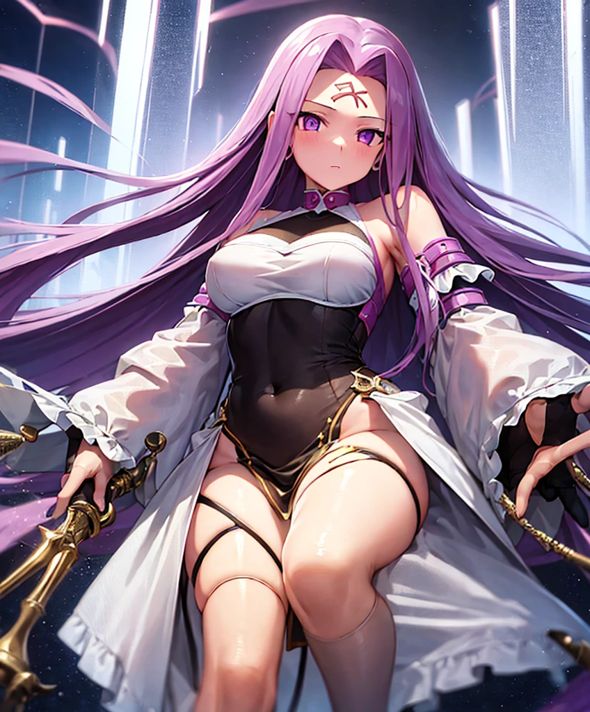 1girl, best quality, masterpiece, high resolution, solo, {white dress:1.40}, {short dress:1.20}, {medusa_fgo:1.15}, long_hair, purple_hair, very_long_hair, purple_eyes, breasts, big_breasts