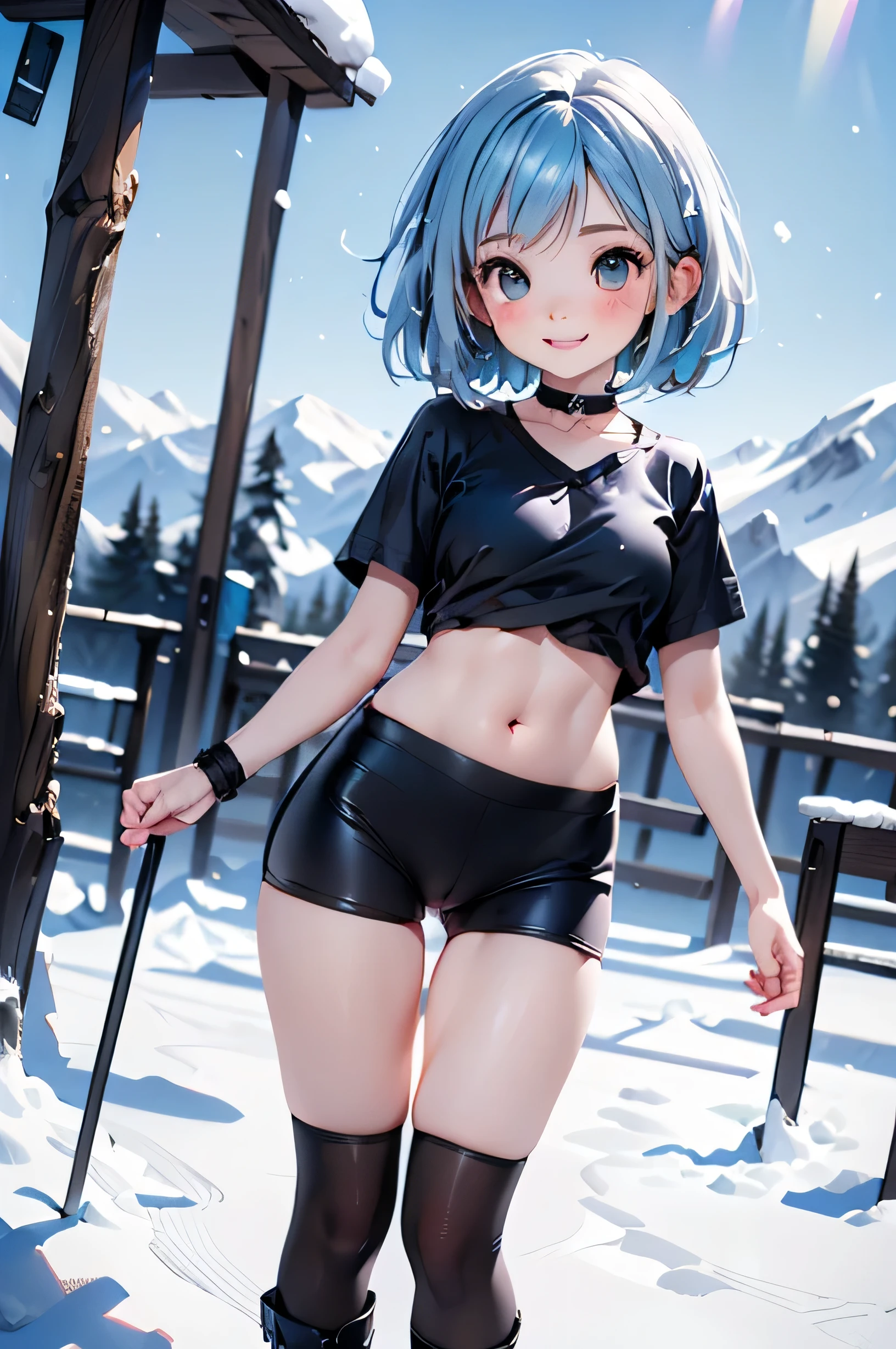 (photorealistic:1.3, highest quality:1.3,8Kmasterpiece, masterpiece:1.3,High resolution,muste piece:1.2),snow mountainに立つ1人の23歳の女性,(bondage ski wear:1.3,choker,boots), beautiful skin, (looking at the camera:1.2),angle(Photo seen from the front bottom:1.3),(short hair:1.2,bright blue hair:1.5), (smile:1.1,blushing:1.3),Pause(足を広げた大胆なPause,ダイナミックPause:1.2),background(snow scene:1.5,snow mountain:1.3,Ski resort),(slender, abs:1.2),(young skinny gravure idol, sophisticated gravure idol),(detailed perfect face),normal hands:1.5,normal finger:1:5,normal feet:1.5,(cameltoe)