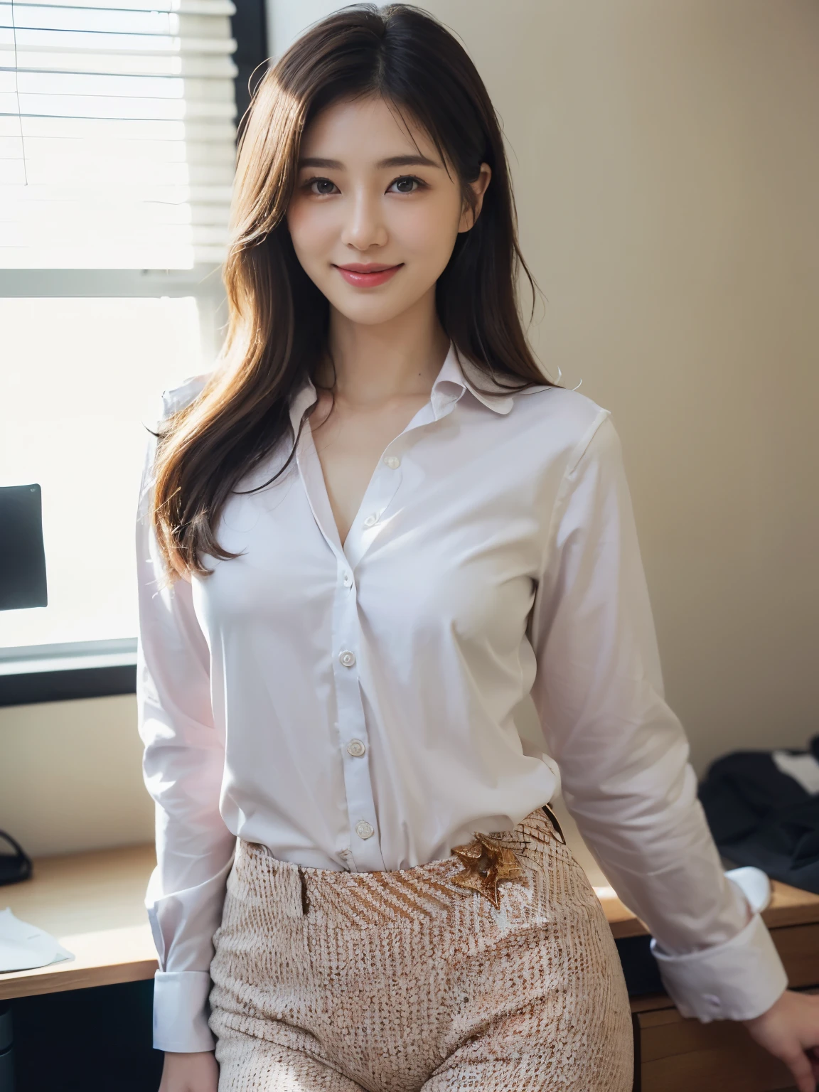((((highest quality))))、(((Ultra-precision CG16K wallpaper)))、(((masterpiece)))、(((Super detailed)))、(((super extreme details)))、1people's women、mature woman、25 year old woman、((Japanese face))、((very beautiful face))、((NHK Announcer、Yurika Kawaguchi:1.5))、((straight semi-long hair:1.3))、(shiny hair)、bangs up to eyebrows、beautiful brown hair、beautiful delicate eyes、brown eyes、C-shaped eyebrows、high nose、small nostrils、small mouth、seductive lips、mouth slightly open、beautiful breasts、C cup size breasts、plump body、perfect proportions、perfect anatomy、perfect composition、beautiful detailed shading、beautiful natural lighting、beautiful detail glow、Depth of bounds written、(((High chroma)))、(((real:1.9)))、((vivid:1.4))、((beautiful skin))、((skin texture))、((realな皮膚感))、(((cowboy shot:1.5)))、((Angle seen from the front:1.5))、((smile:1.4))、(Eyes looking at me:1.5)、bright sunshine、(((daytime office:1.3)))、(standing pose:1.5)、(((business casual wear clothes:1.6)))、